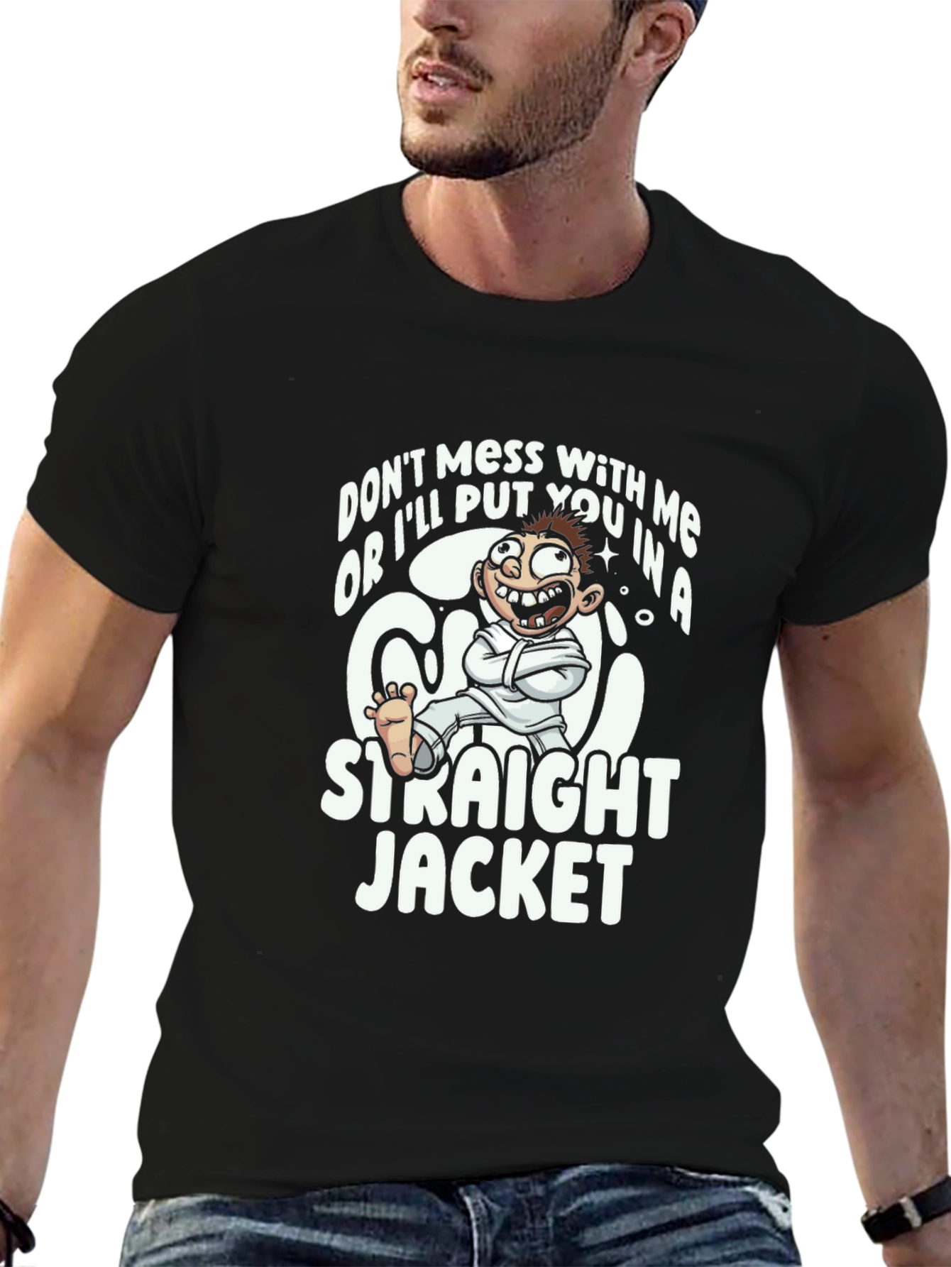 Funny Straight Jacket Cartoon Graphic T-Shirt
