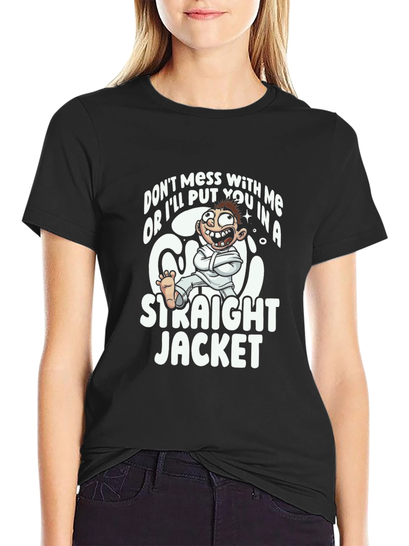 Funny Straight Jacket Cartoon Graphic T-Shirt