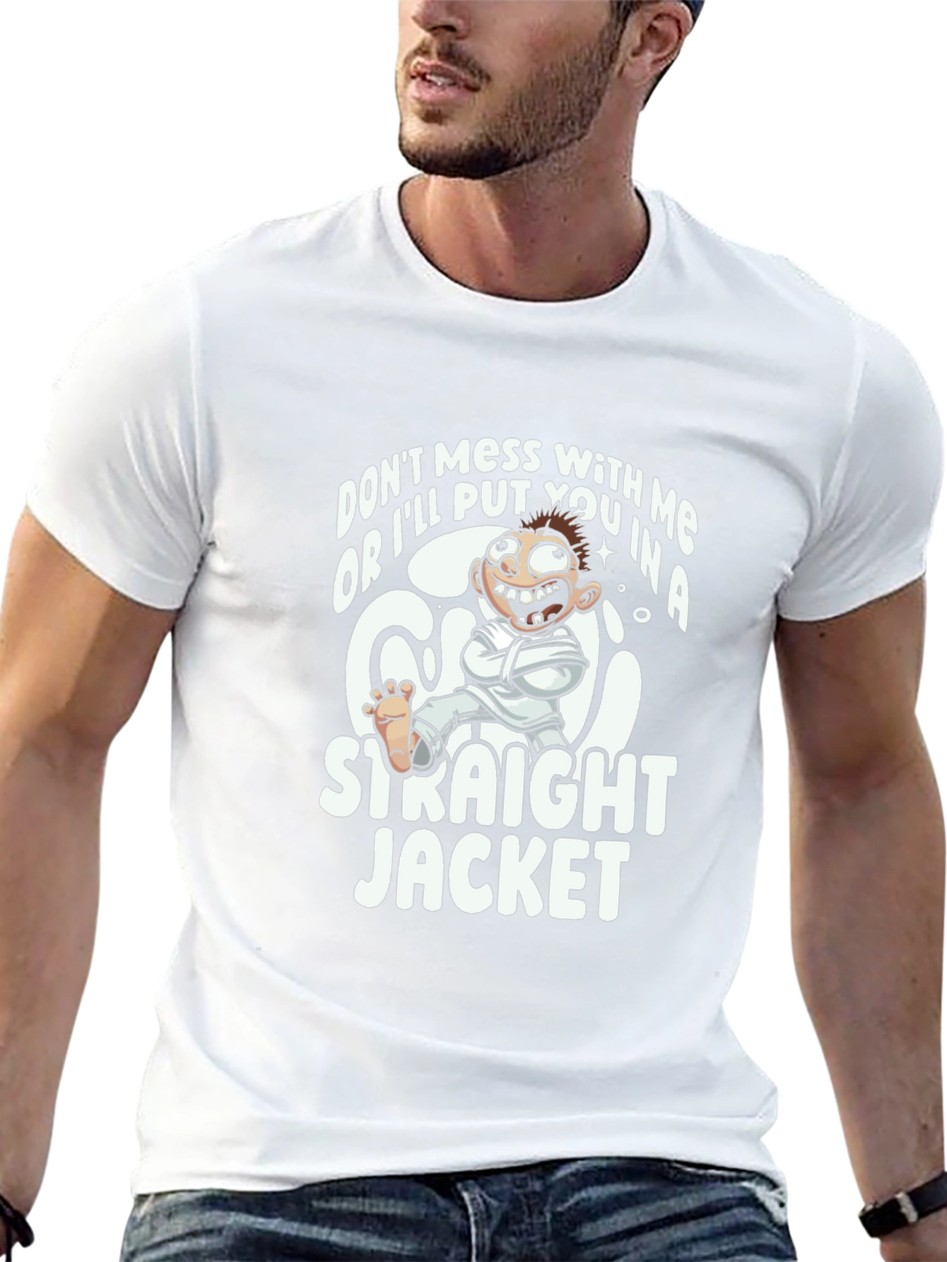 Funny Straight Jacket Cartoon Graphic T-Shirt