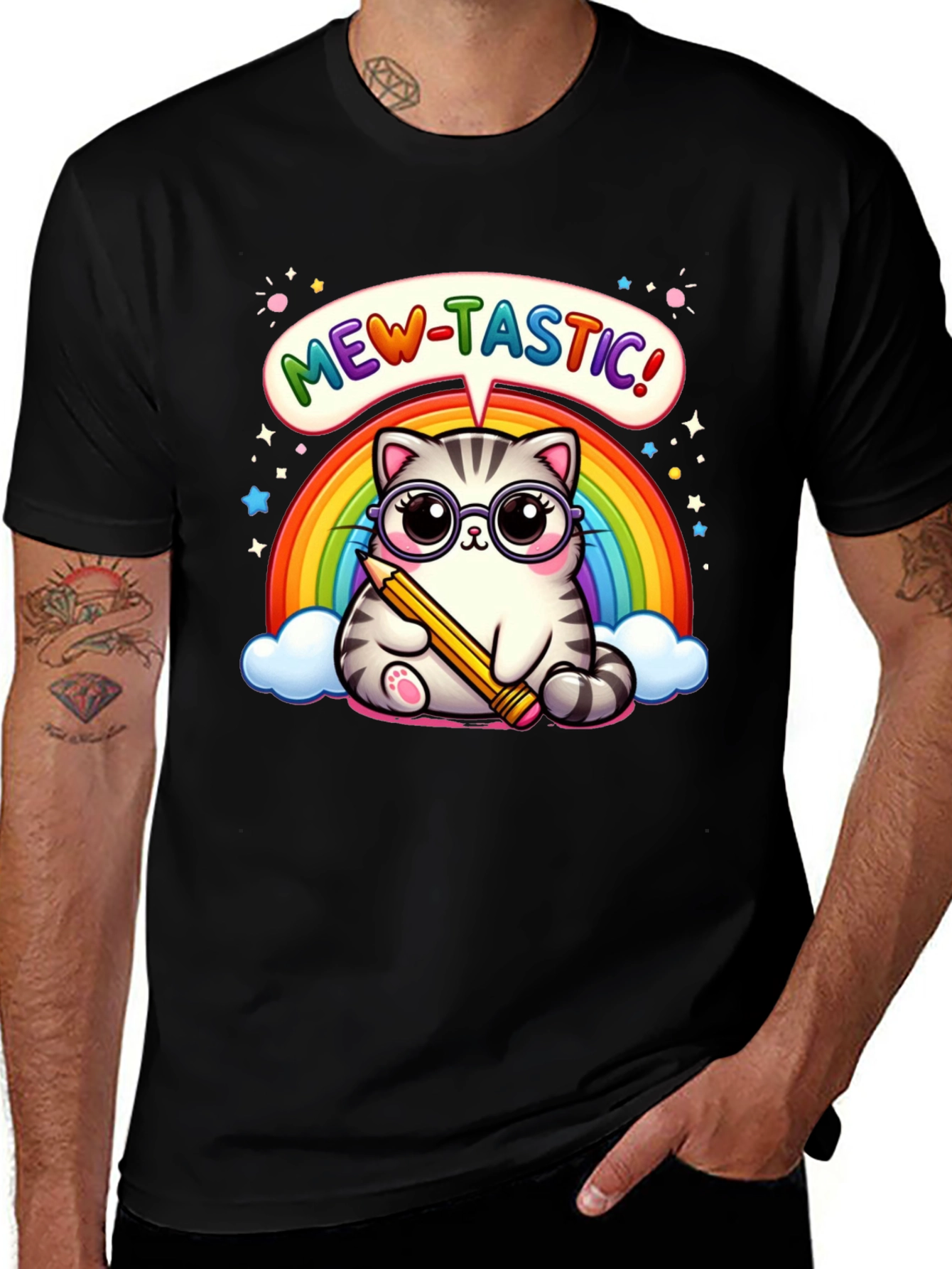 Mew-Tastic Cat Rainbow Graphic T-Shirt