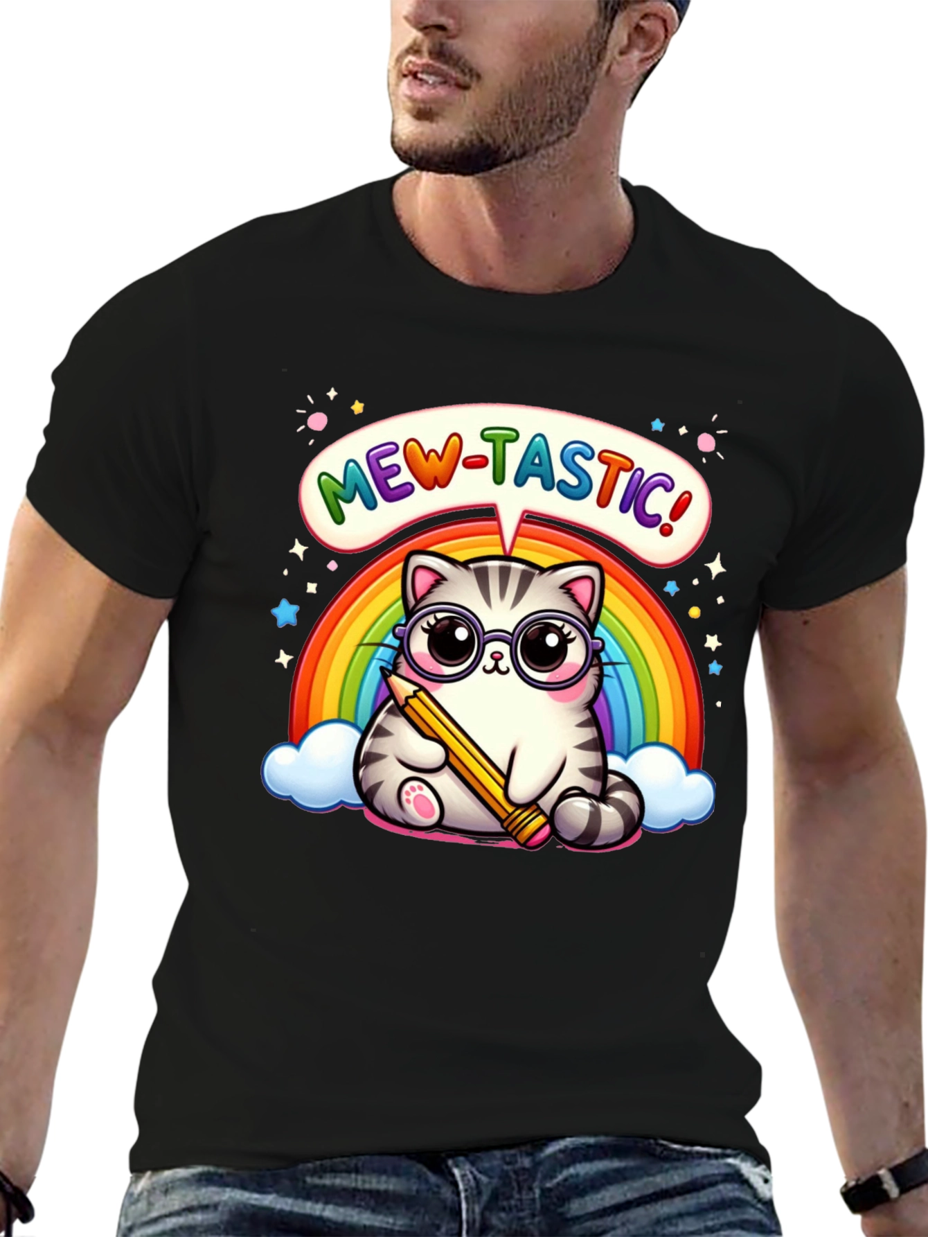 Mew-Tastic Cat Rainbow Graphic T-Shirt