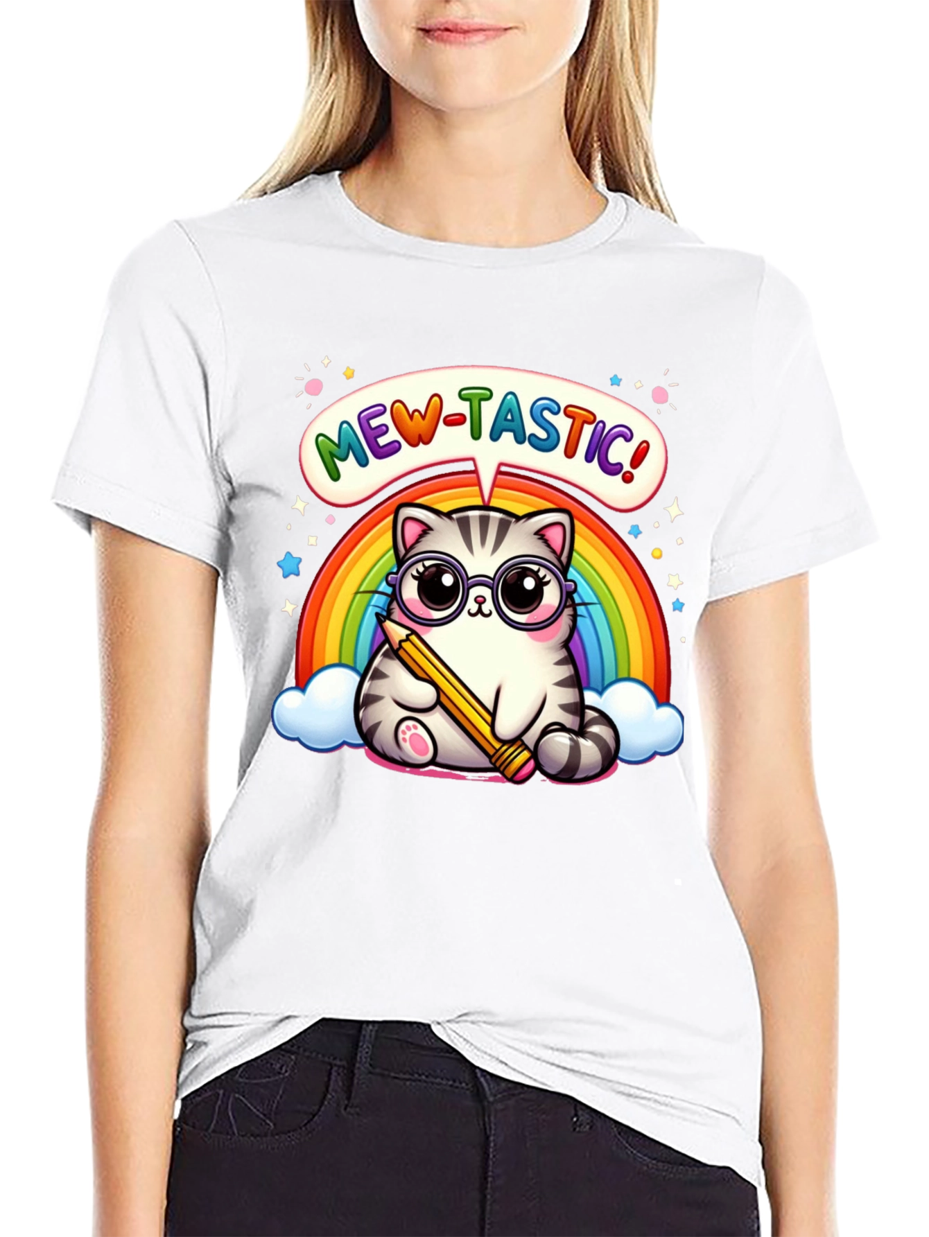 Mew-Tastic Cat Rainbow Graphic T-Shirt
