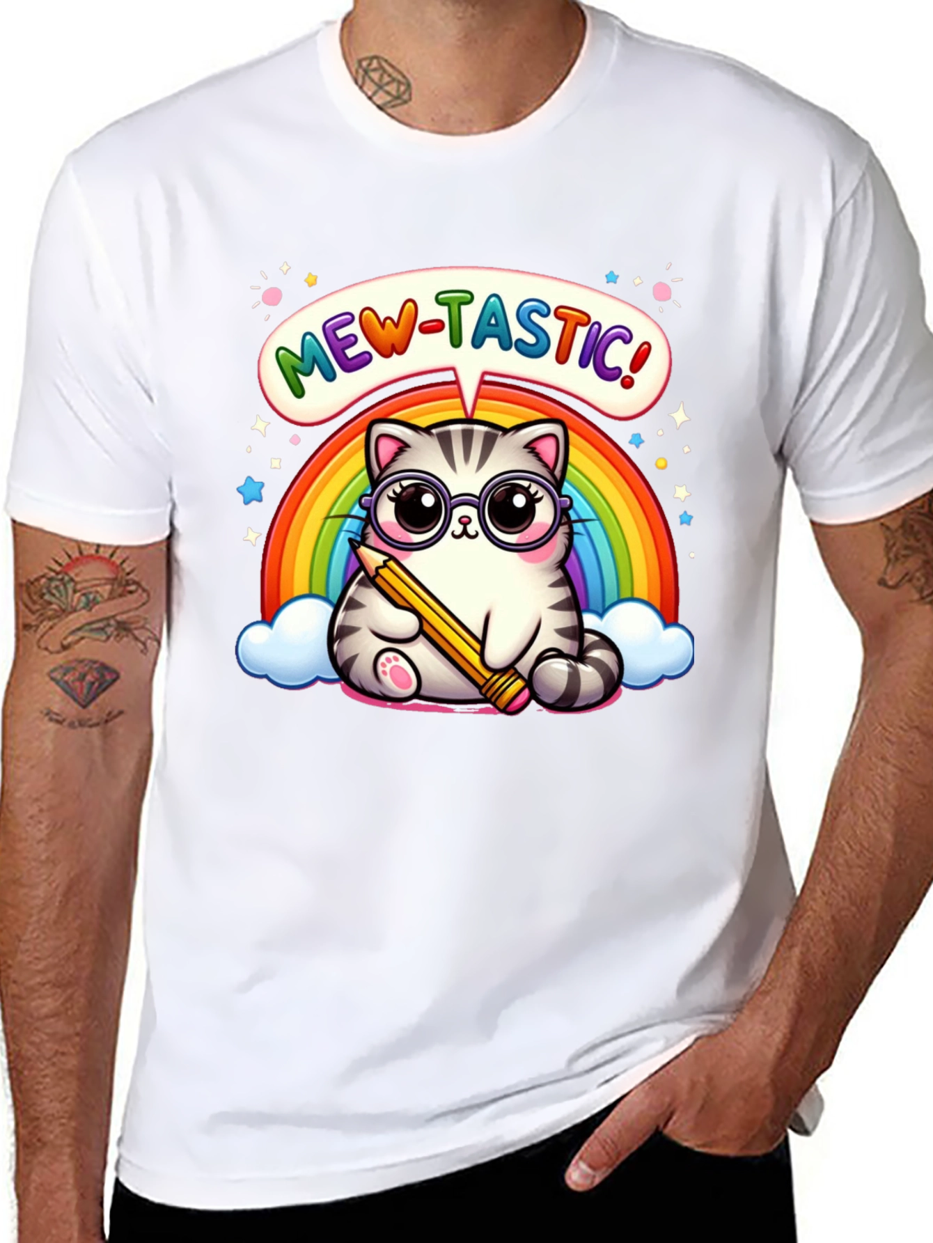 Mew-Tastic Cat Rainbow Graphic T-Shirt