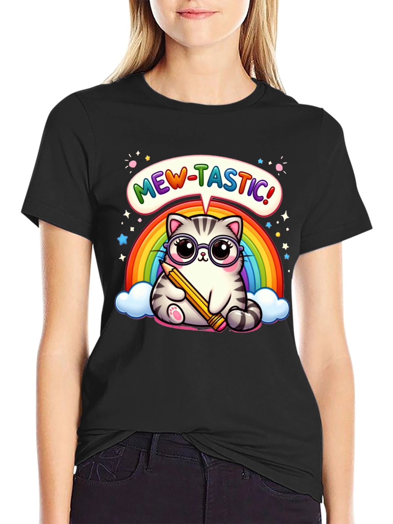Mew-Tastic Cat Rainbow Graphic T-Shirt