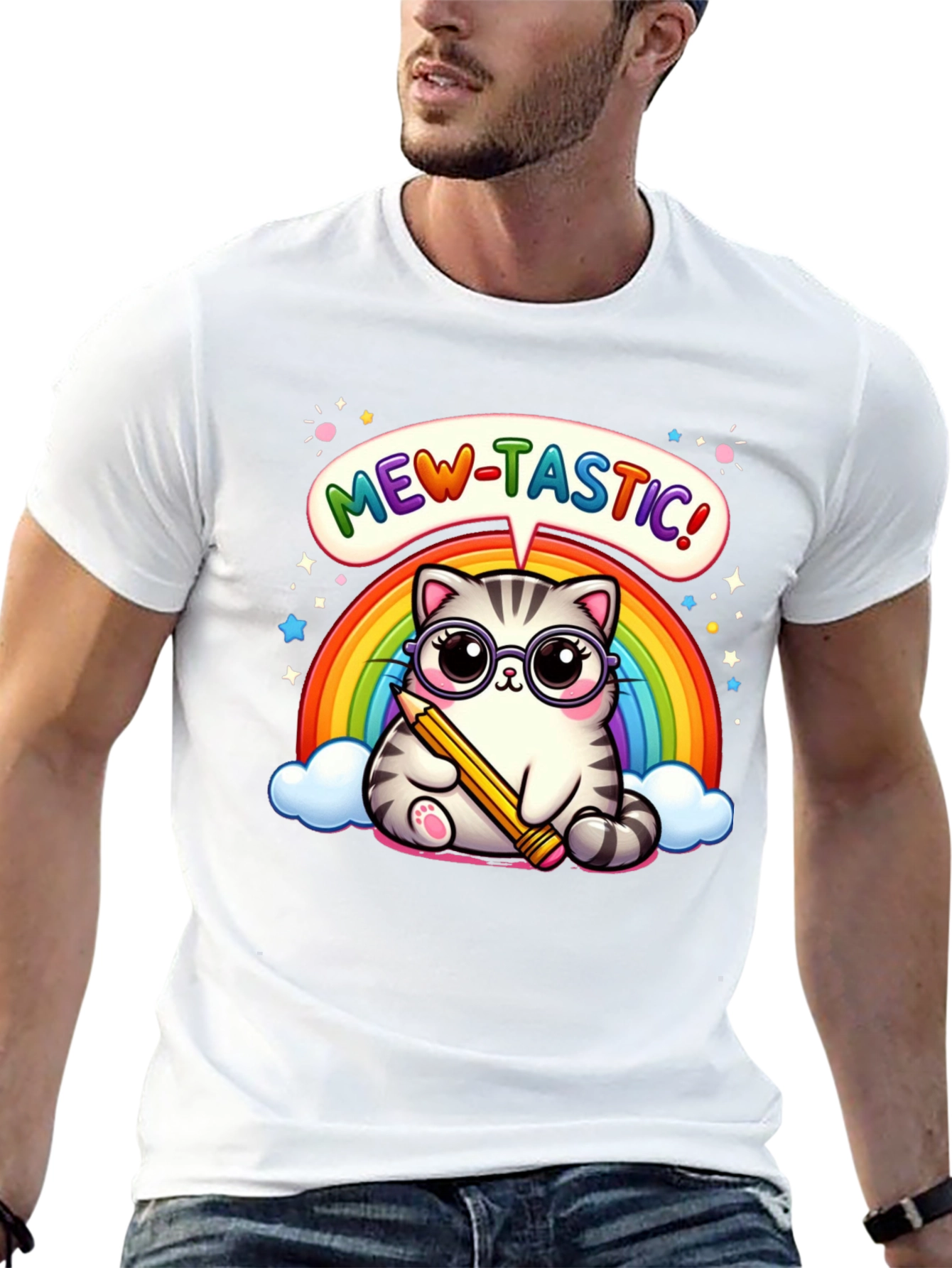 Mew-Tastic Cat Rainbow Graphic T-Shirt