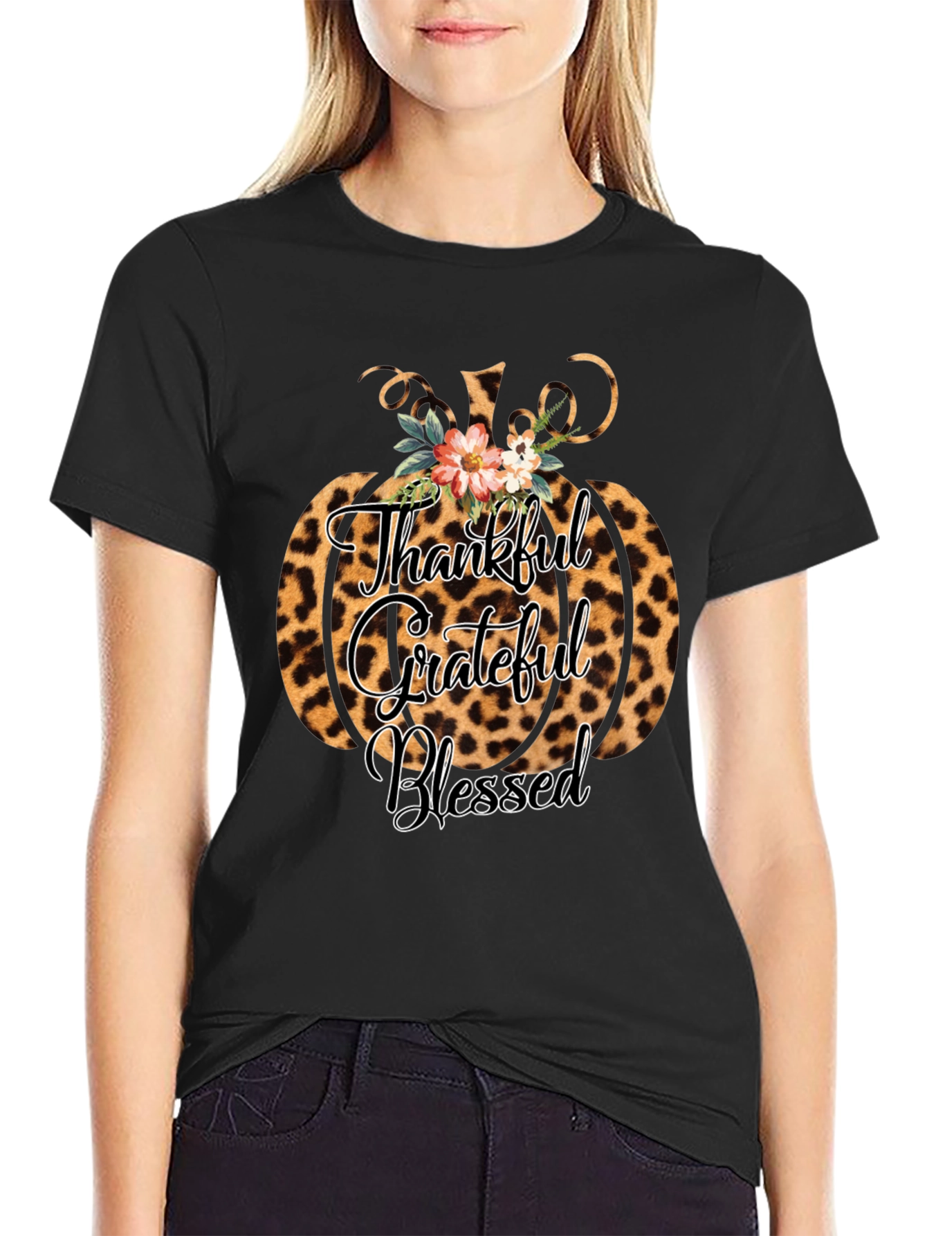 Thankful Grateful Blessed Leopard Pumpkin T-Shirt