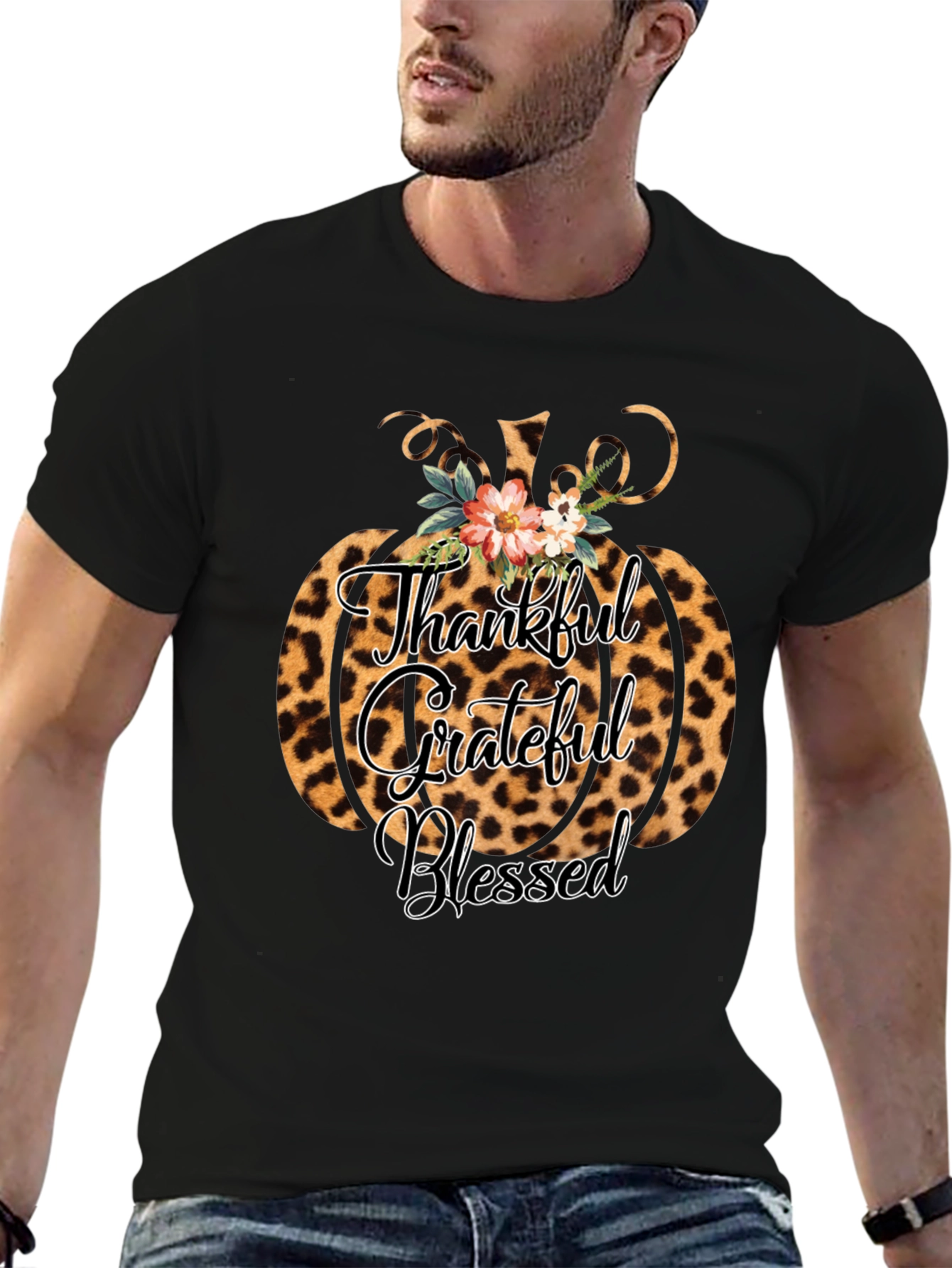 Thankful Grateful Blessed Leopard Pumpkin T-Shirt