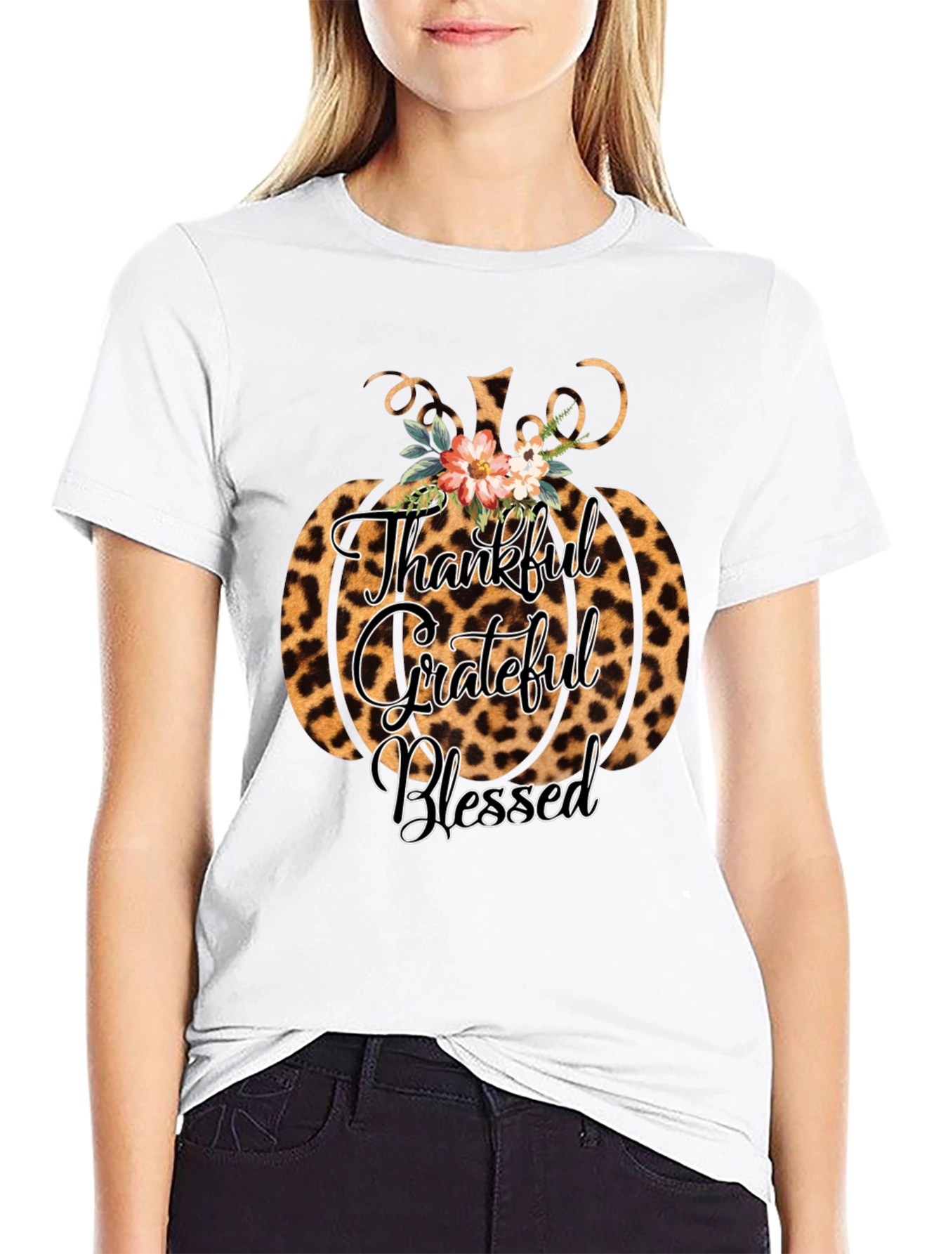 Thankful Grateful Blessed Leopard Pumpkin T-Shirt