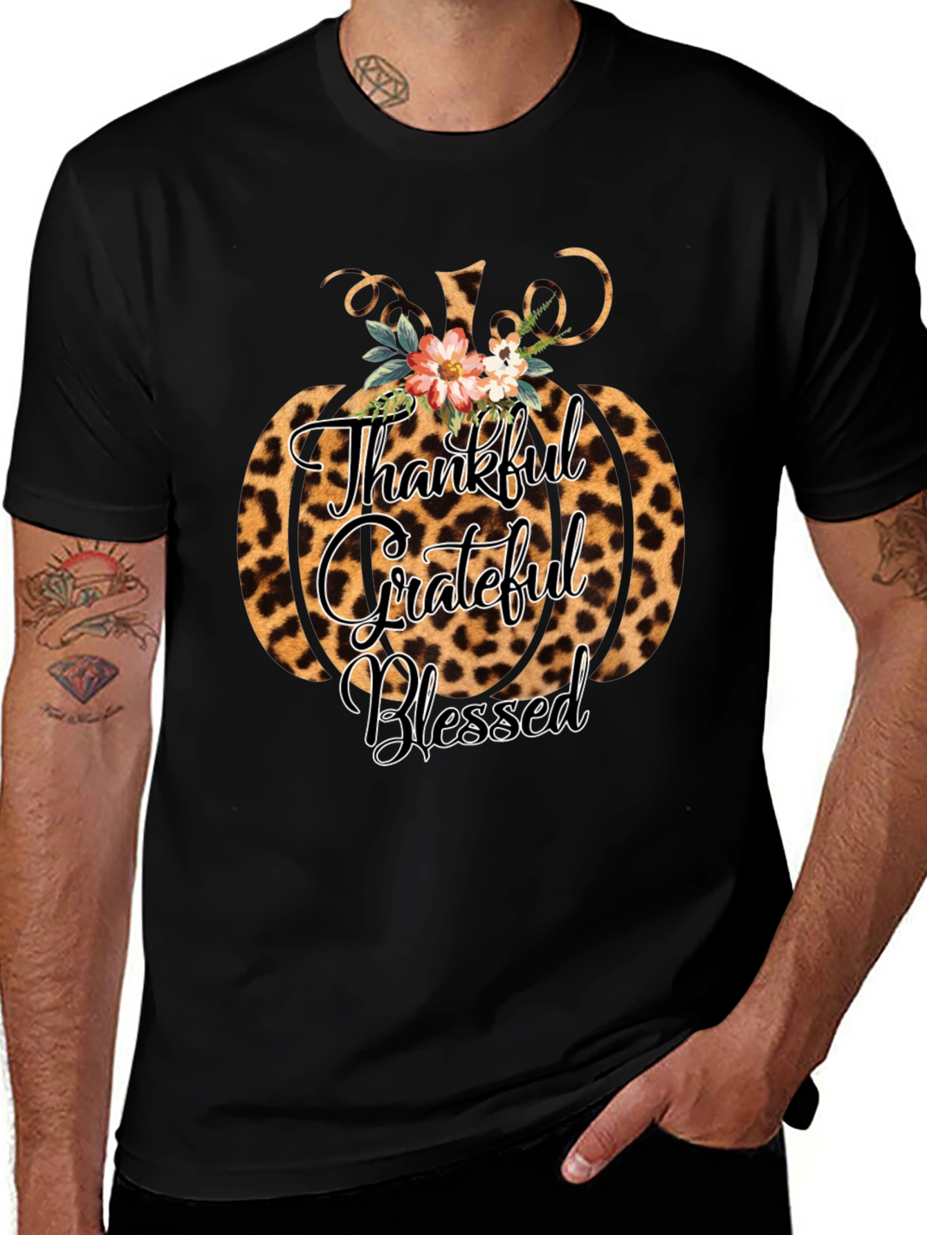 Thankful Grateful Blessed Leopard Pumpkin T-Shirt