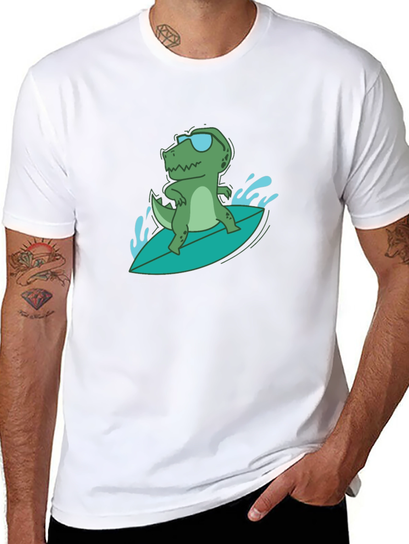 Surfing Dino Tee - Cool Reptile in Shades