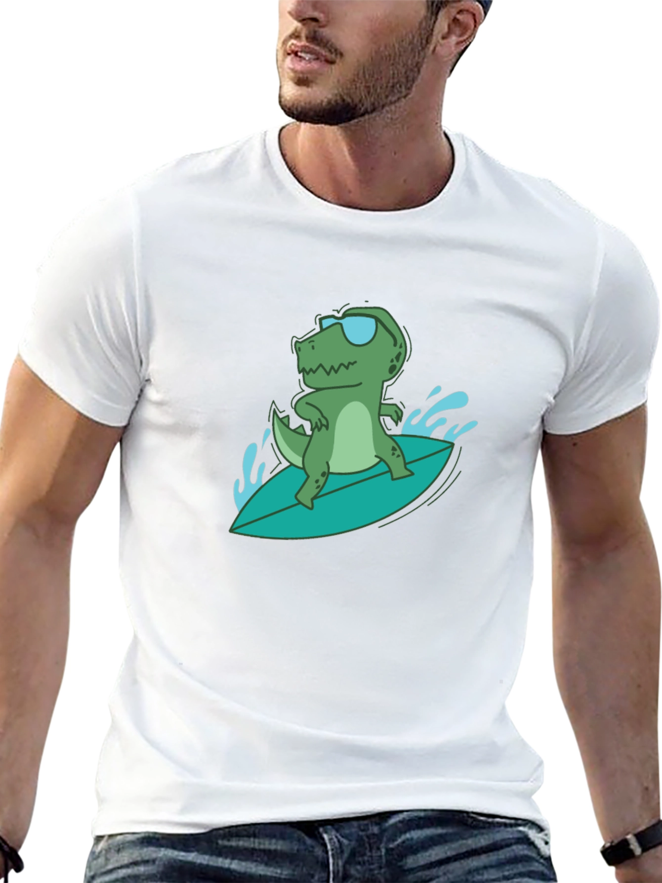Surfing Dino Tee - Cool Reptile in Shades
