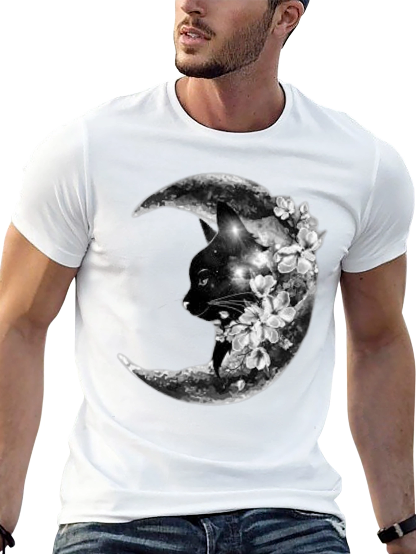 Cat Moon Floral Black T-Shirt