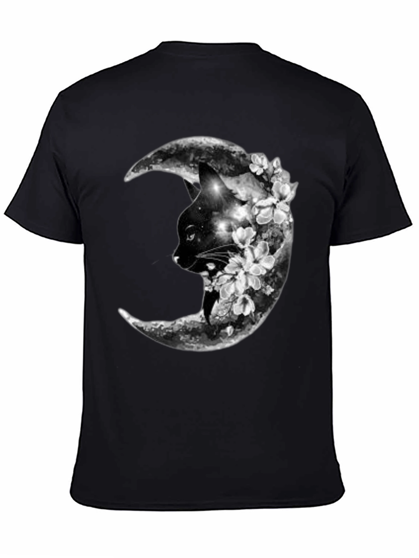 Cat Moon Floral Black T-Shirt
