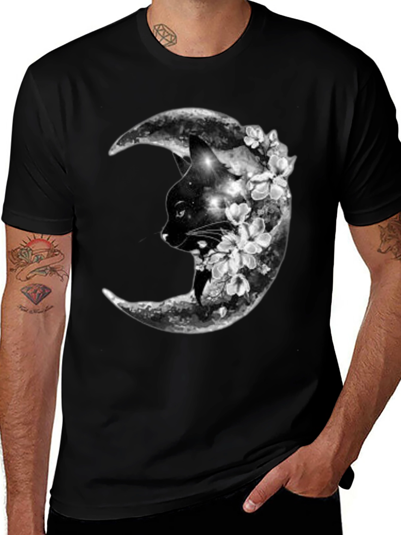 Cat Moon Floral Black T-Shirt