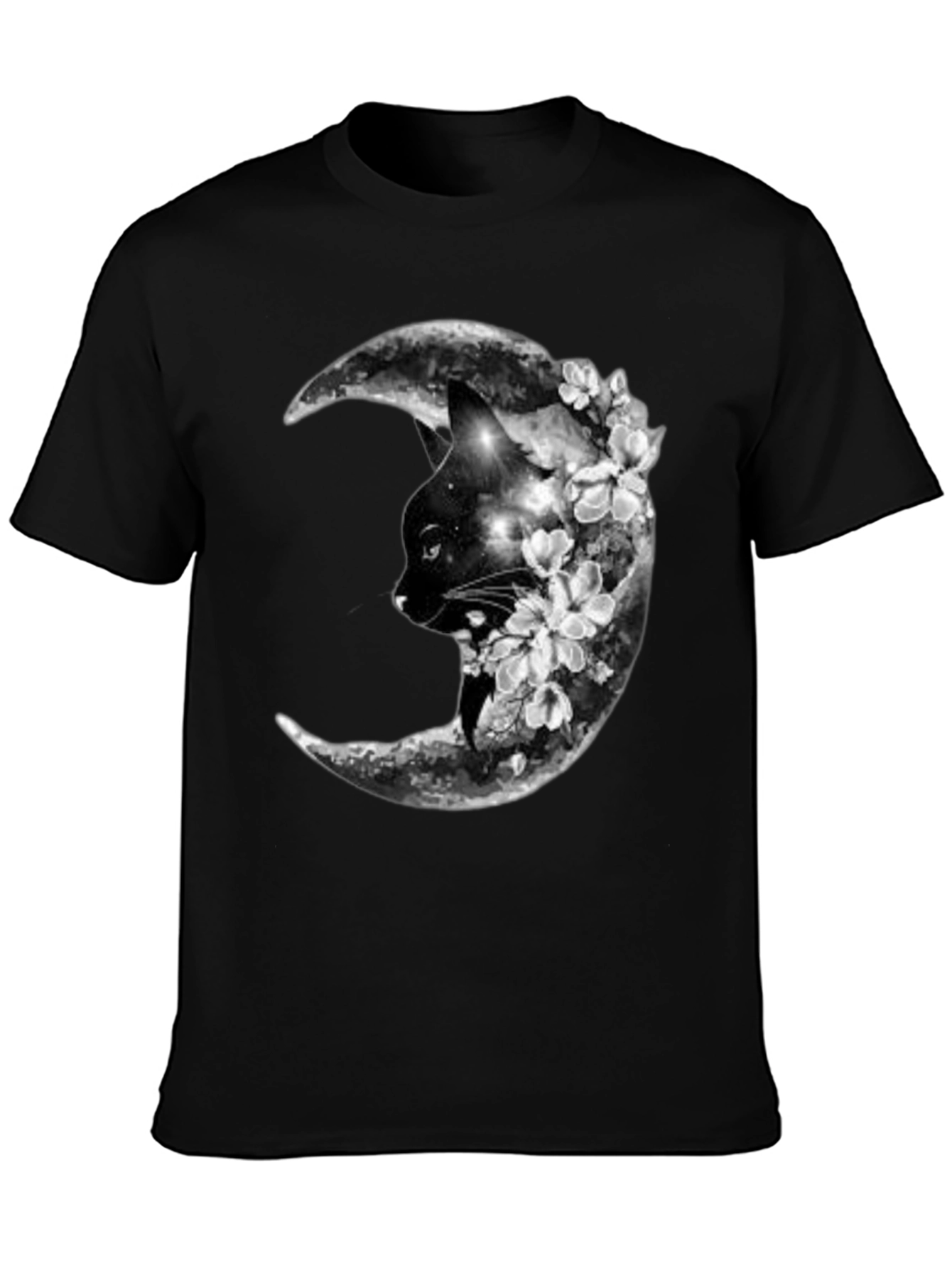 Cat Moon Floral Black T-Shirt