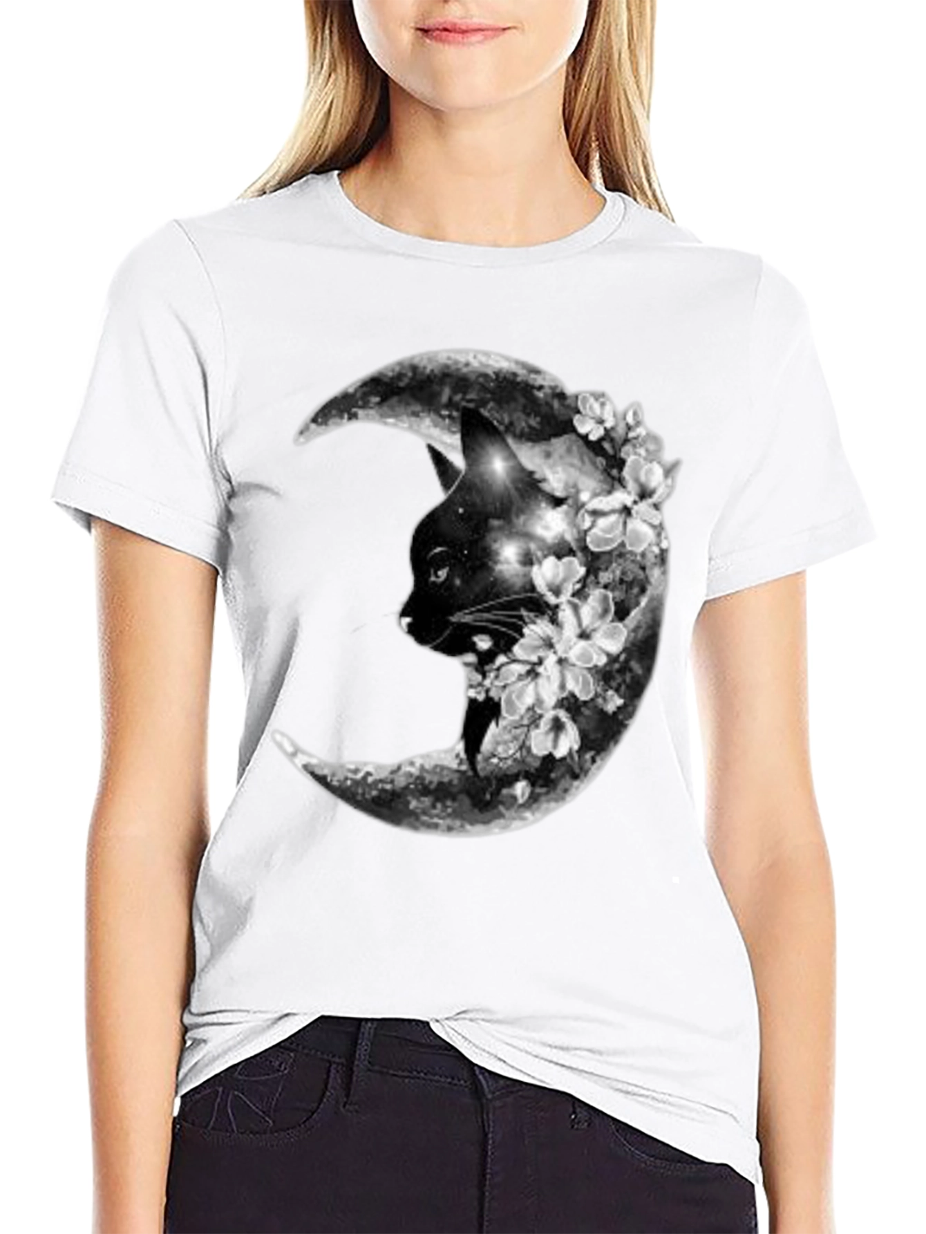 Cat Moon Floral Black T-Shirt