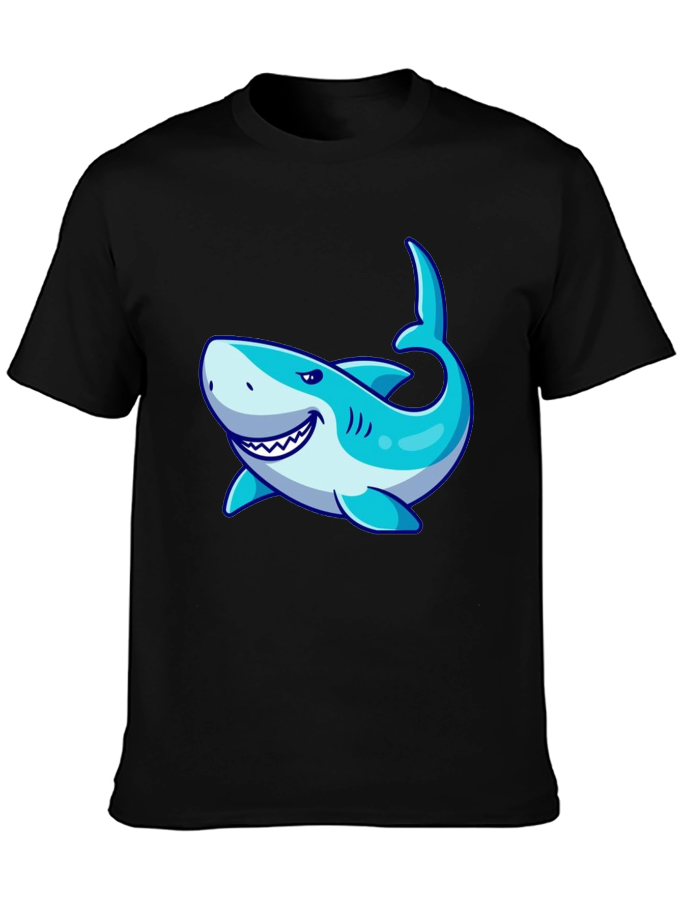 Mens Black T-Shirt with Cartoon Shark Graphic