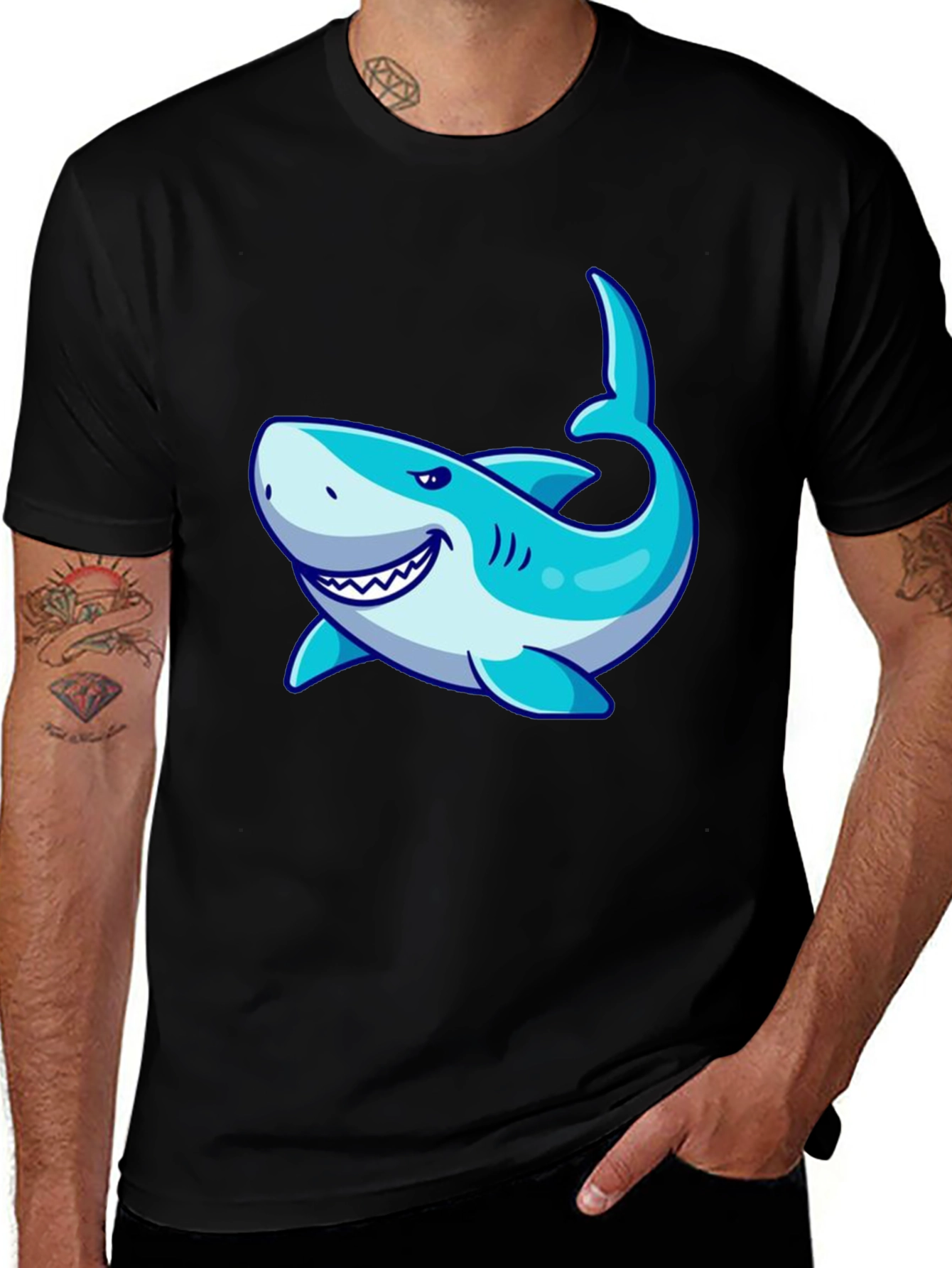 Mens Black T-Shirt with Cartoon Shark Graphic