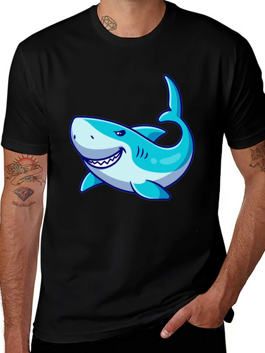 Mens Black T-Shirt with Cartoon Shark Graphic