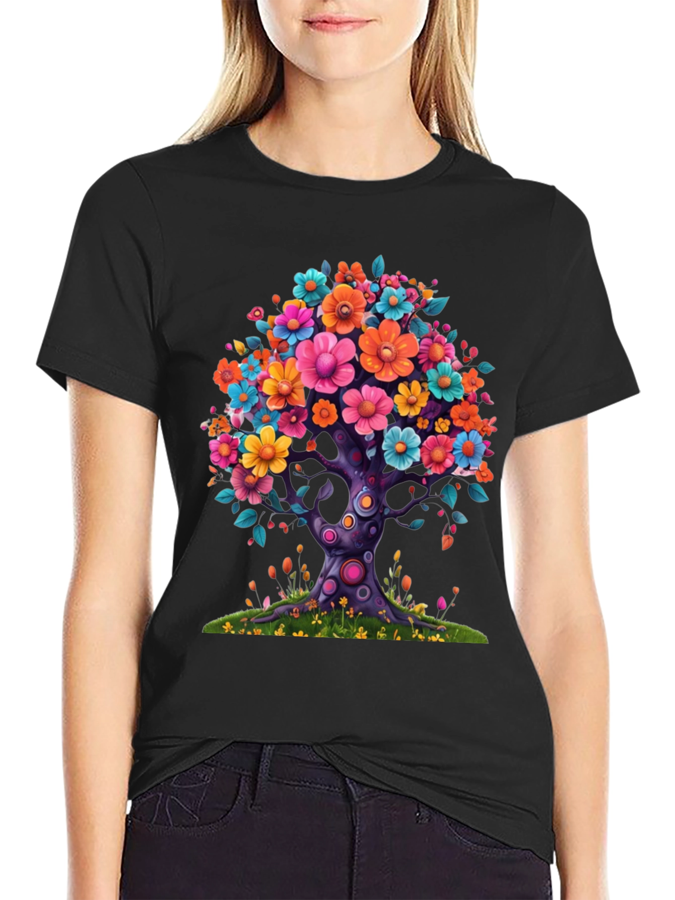 Floral Tree Graphic Black T-Shirt