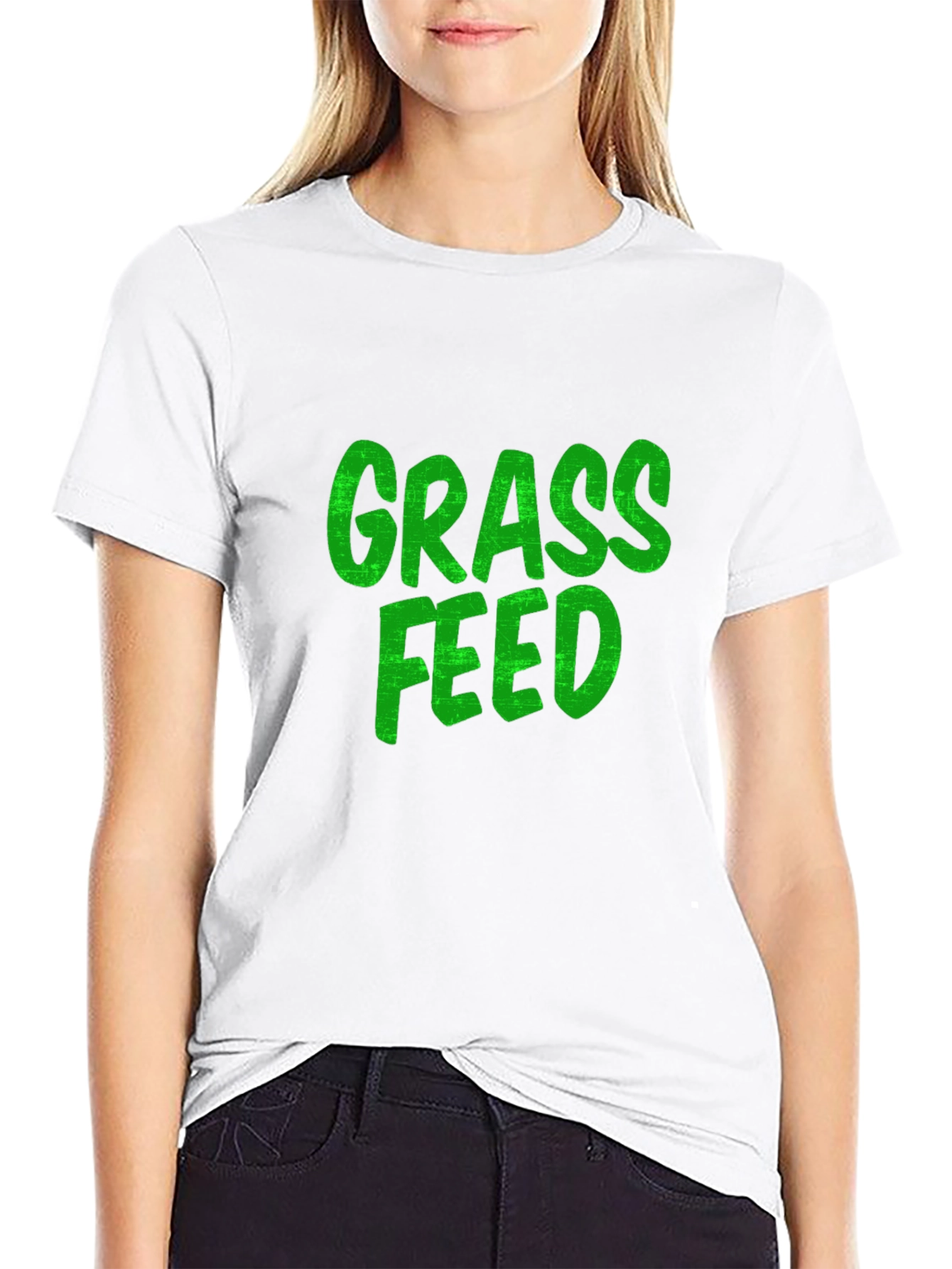 Grass Feed Green Text Black Cotton T-Shirt
