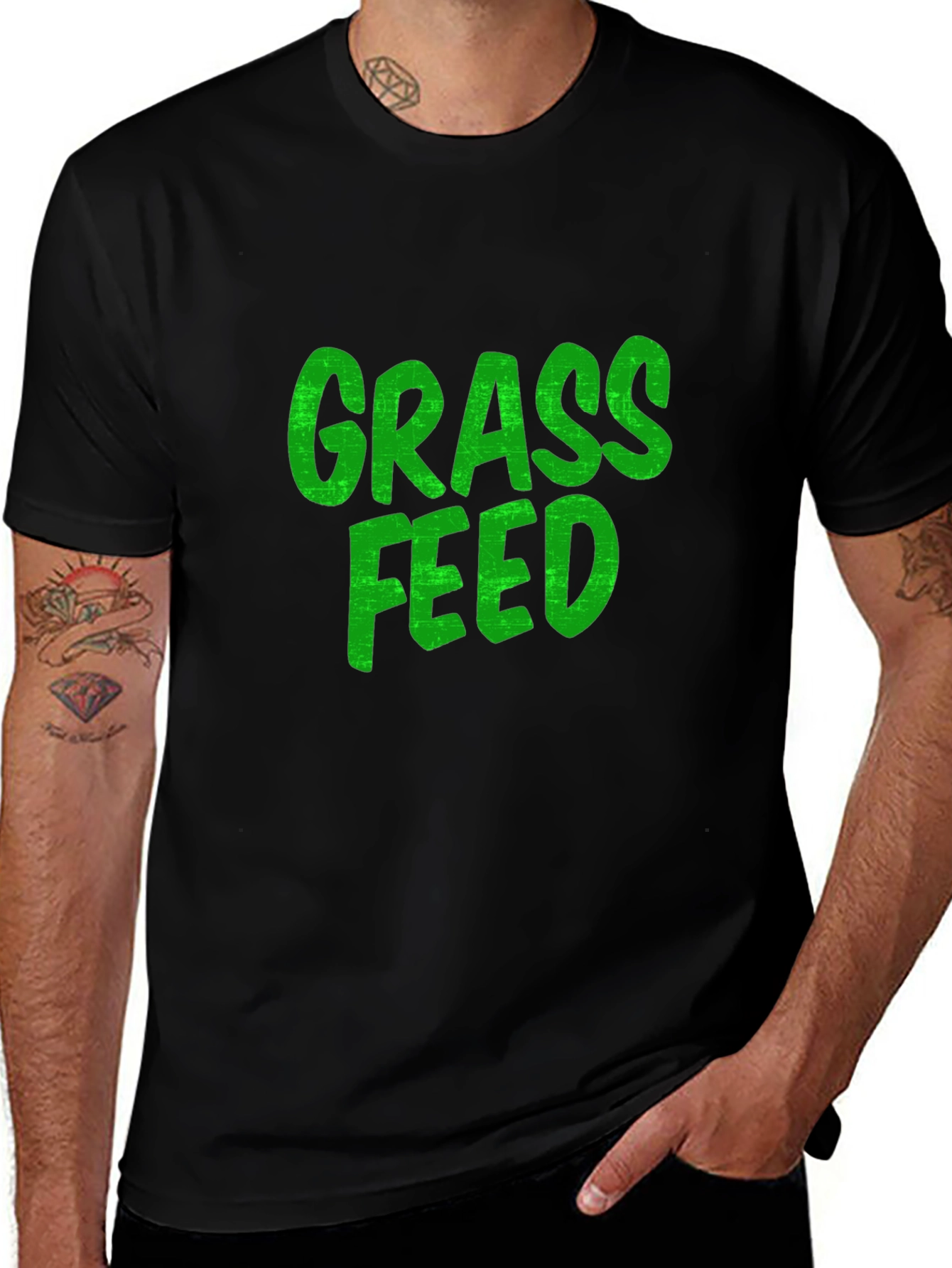 Grass Feed Green Text Black Cotton T-Shirt