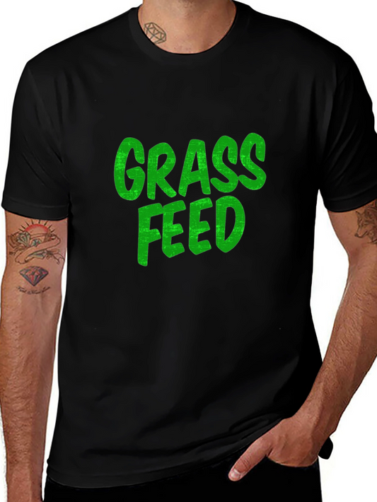Grass Feed Green Text Black Cotton T-Shirt