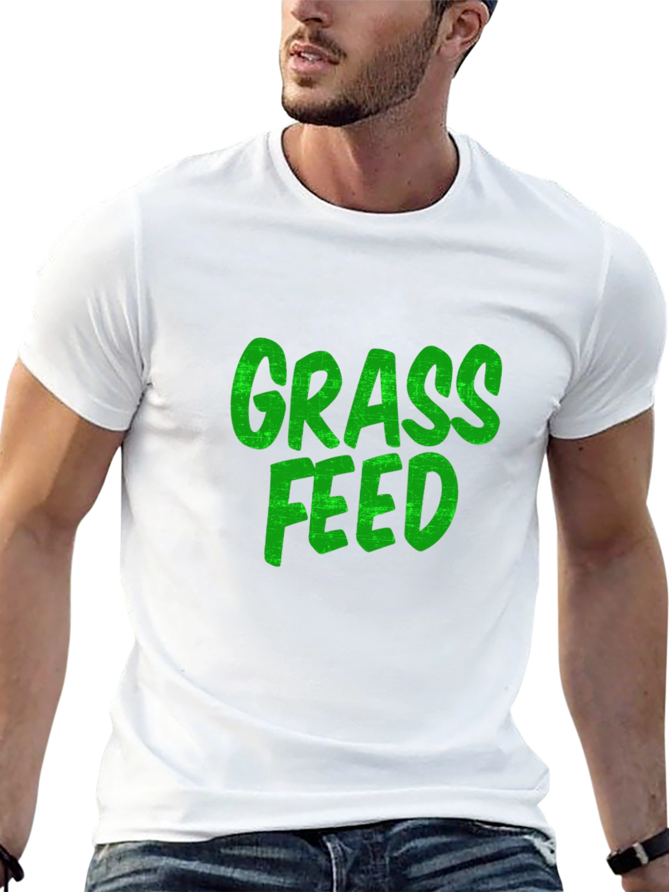 Grass Feed Green Text Black Cotton T-Shirt