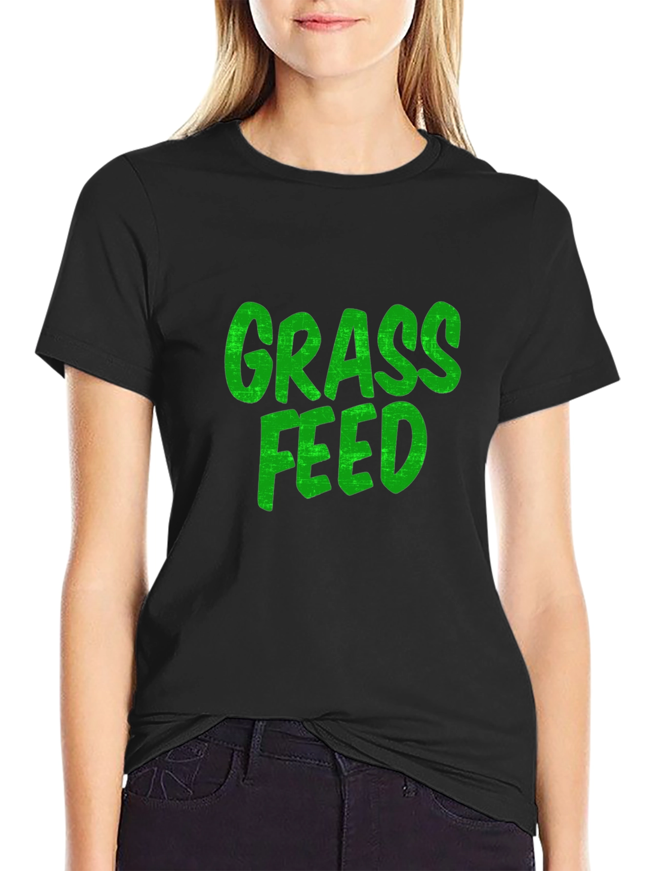 Grass Feed Green Text Black Cotton T-Shirt