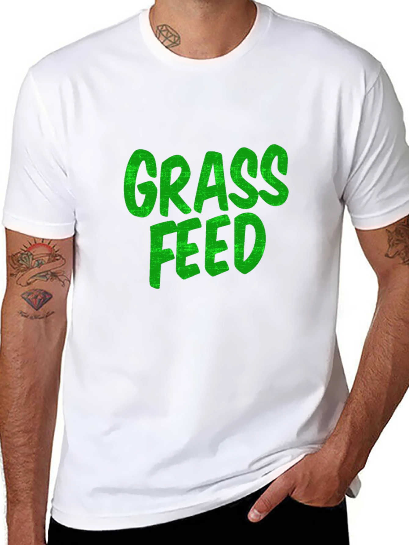 Grass Feed Green Text Black Cotton T-Shirt