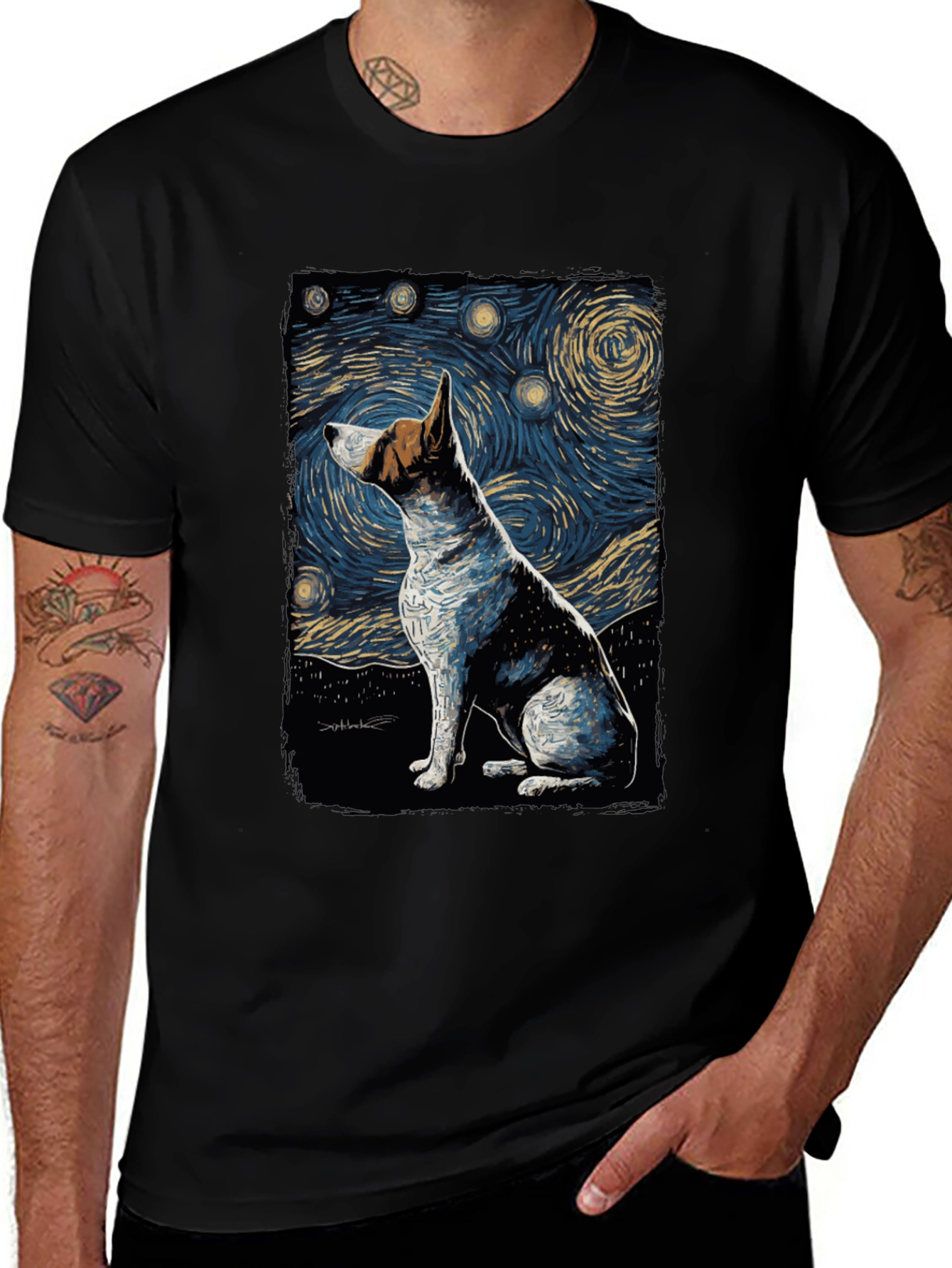 Starry Night Dog Art T-Shirt - Unique Design