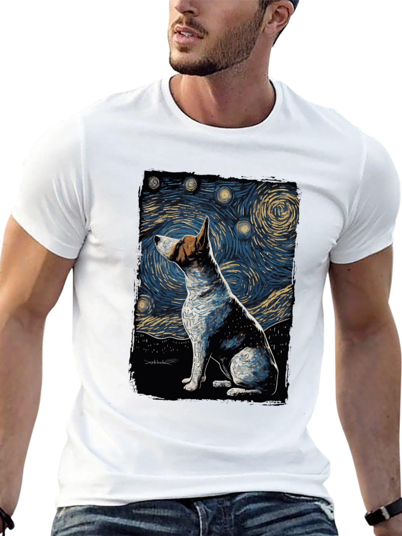 Starry Night Dog Art T-Shirt - Unique Design