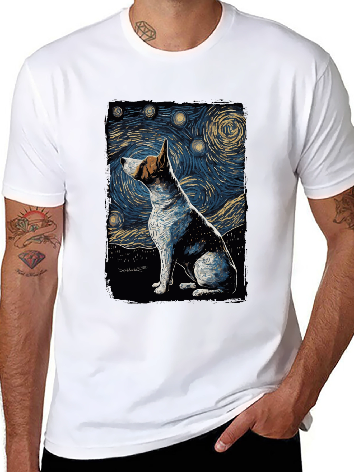 Starry Night Dog Art T-Shirt - Unique Design