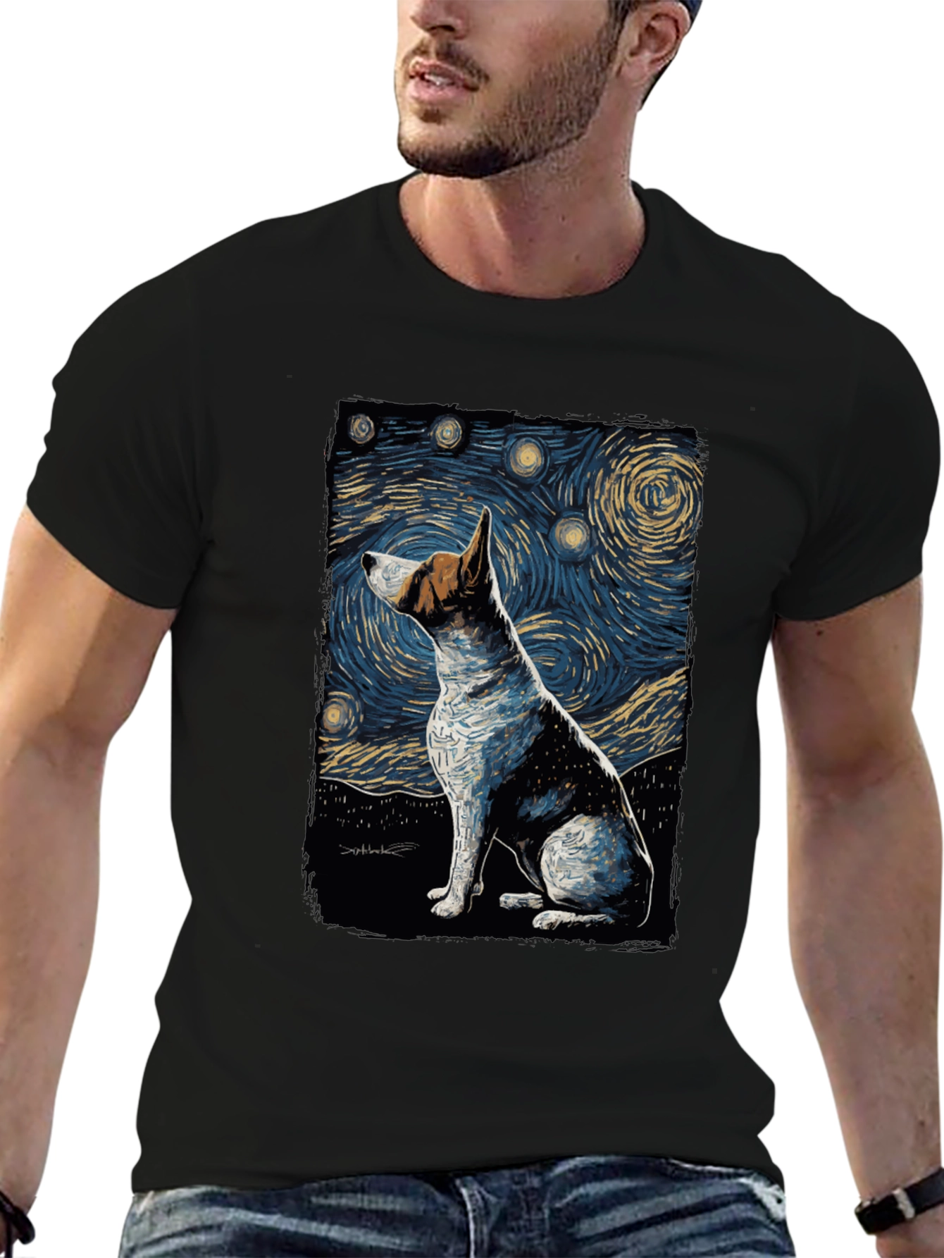 Starry Night Dog Art T-Shirt - Unique Design