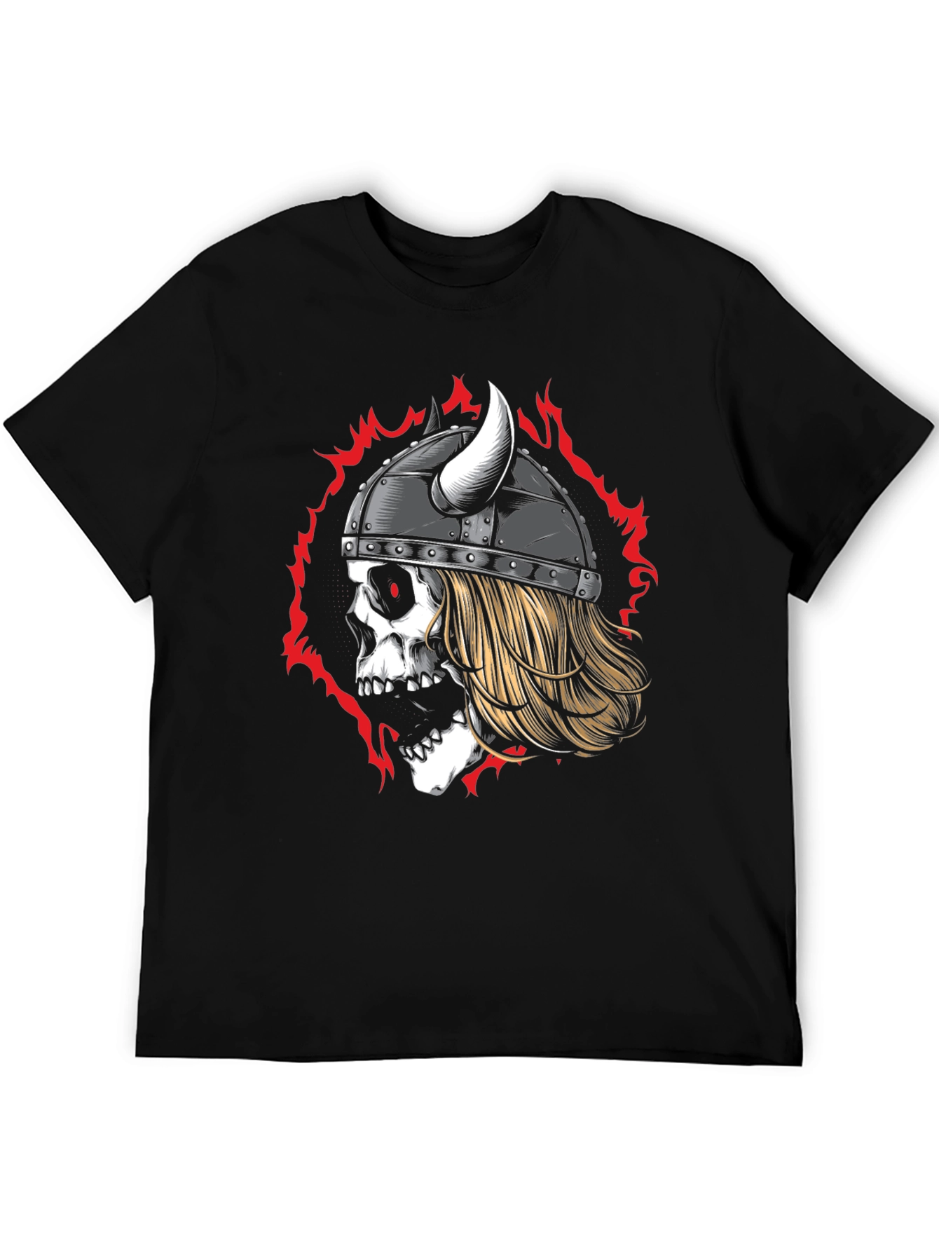 Viking Skull Graphic Tee - Black Cotton T-Shirt