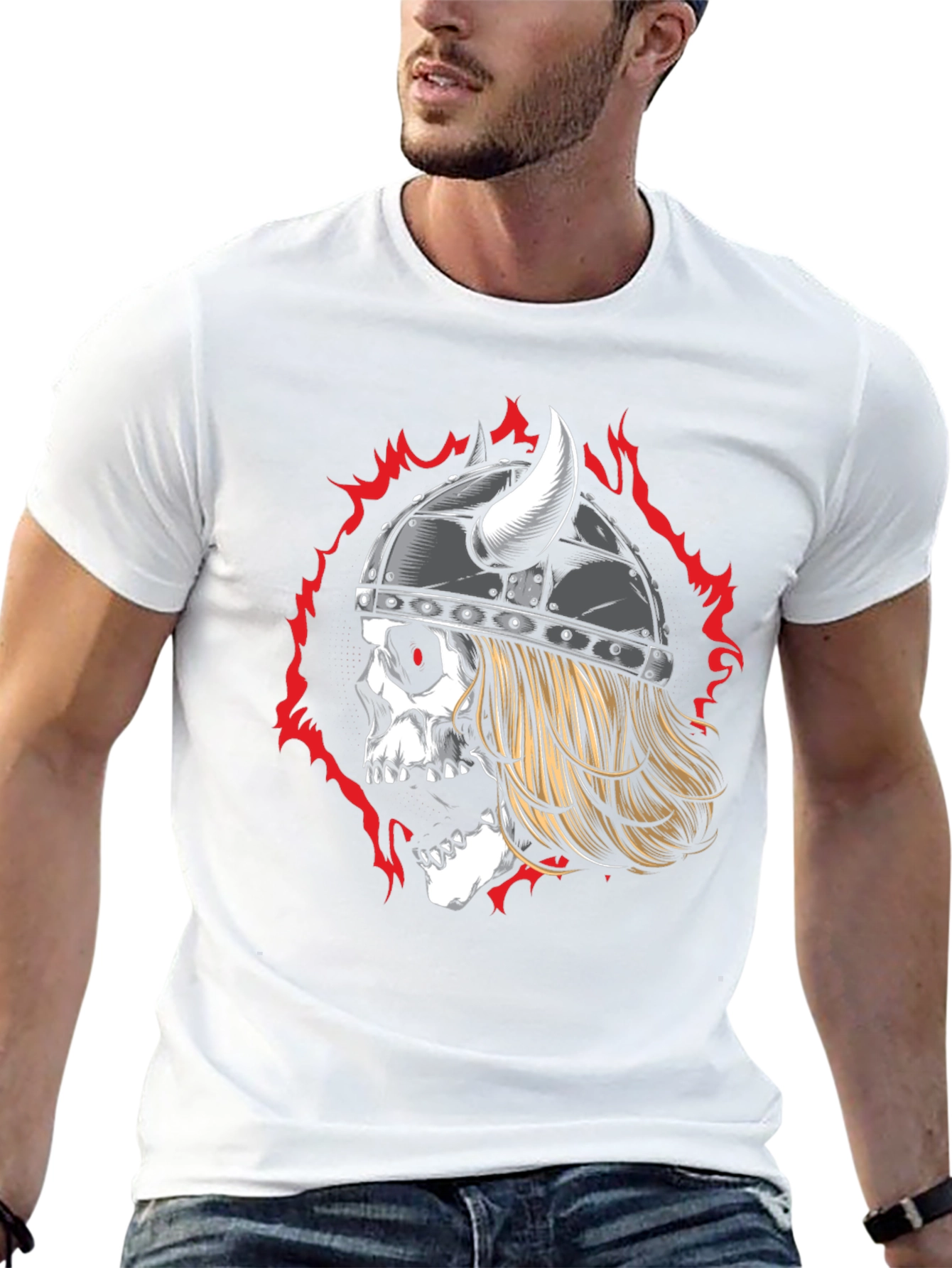Viking Skull Graphic Tee - Black Cotton T-Shirt