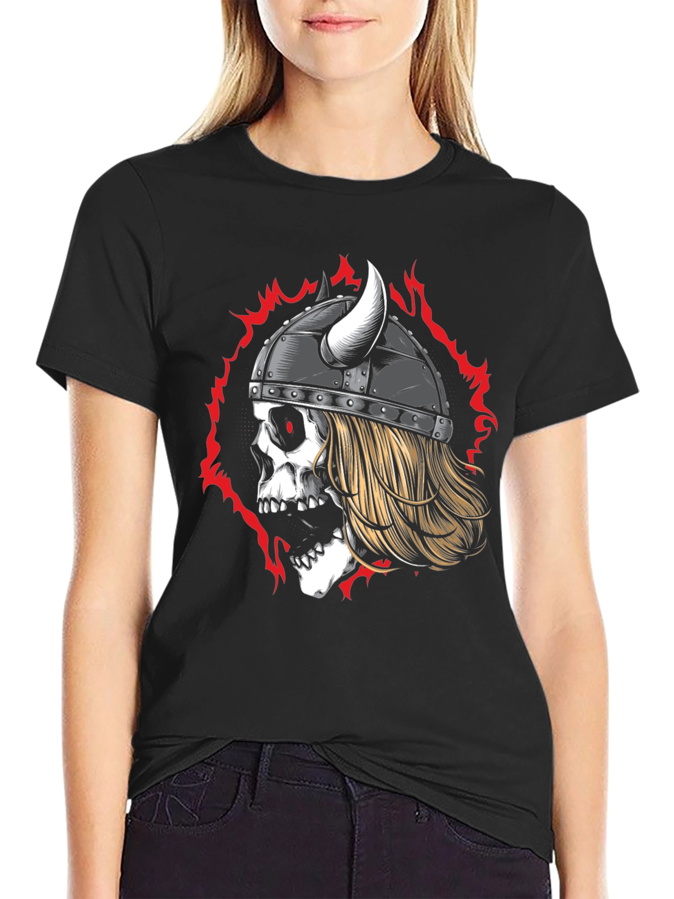 Viking Skull Graphic Tee - Black Cotton T-Shirt