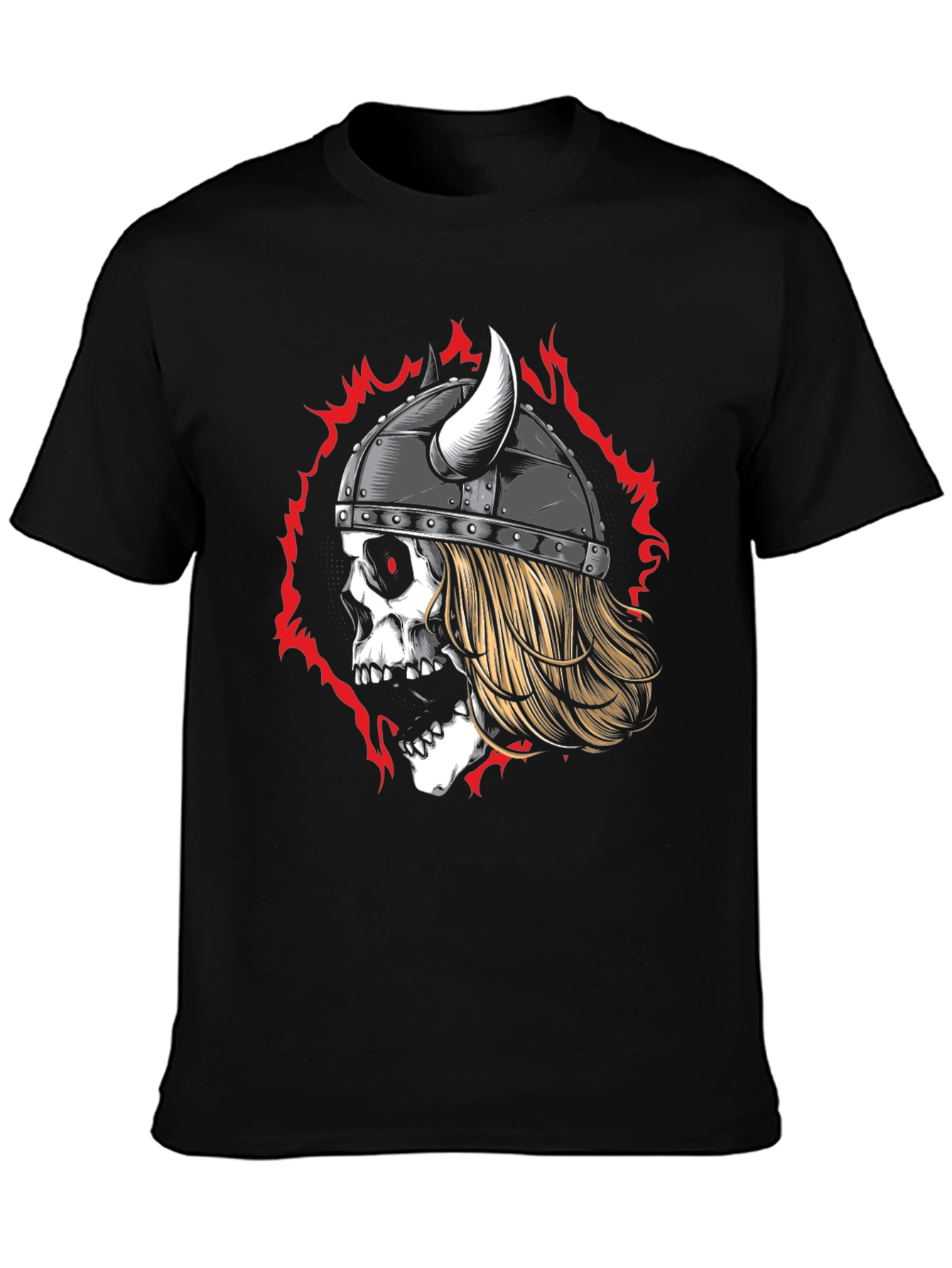 Viking Skull Graphic Tee - Black Cotton T-Shirt