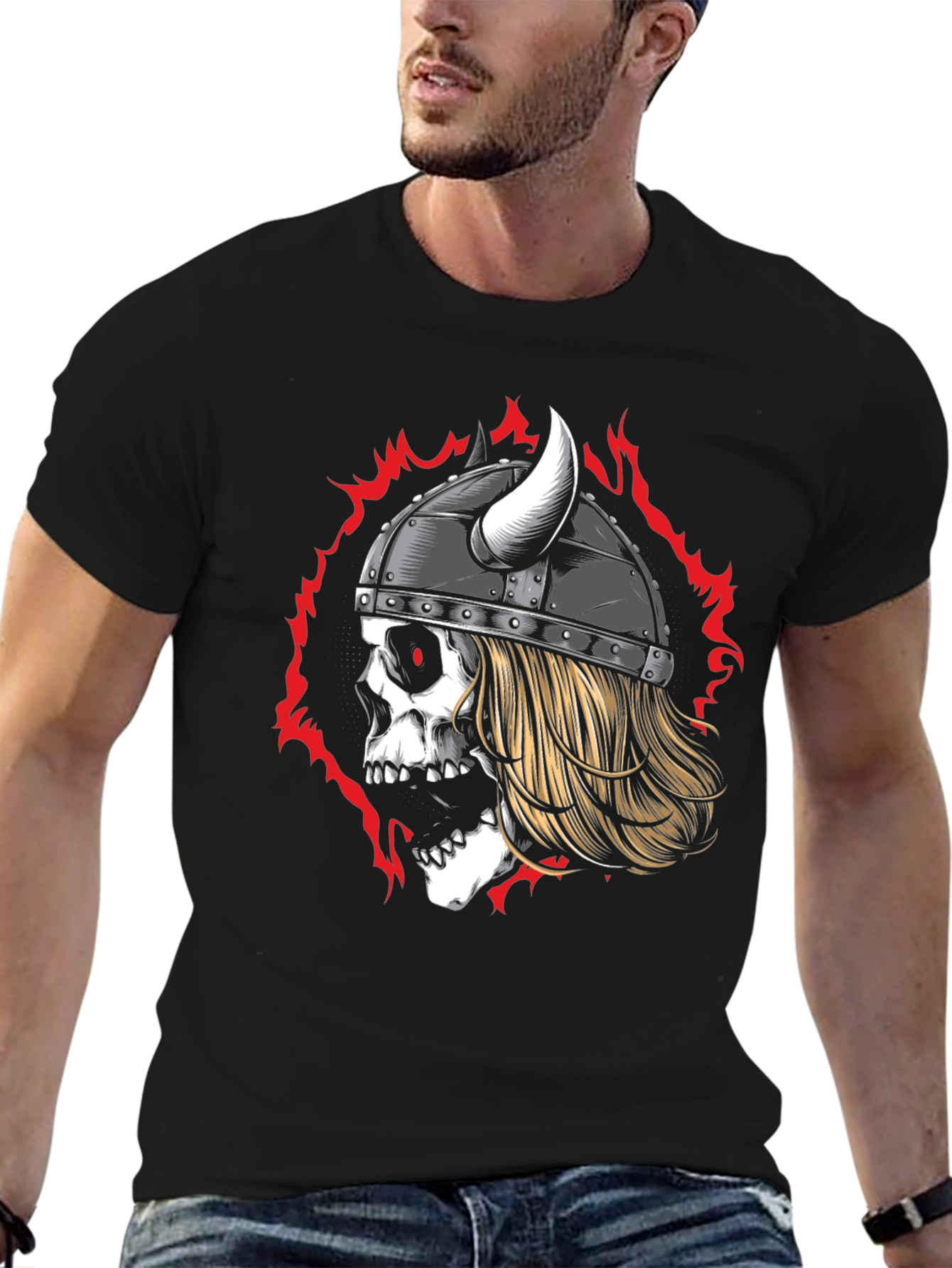 Viking Skull Graphic Tee - Black Cotton T-Shirt