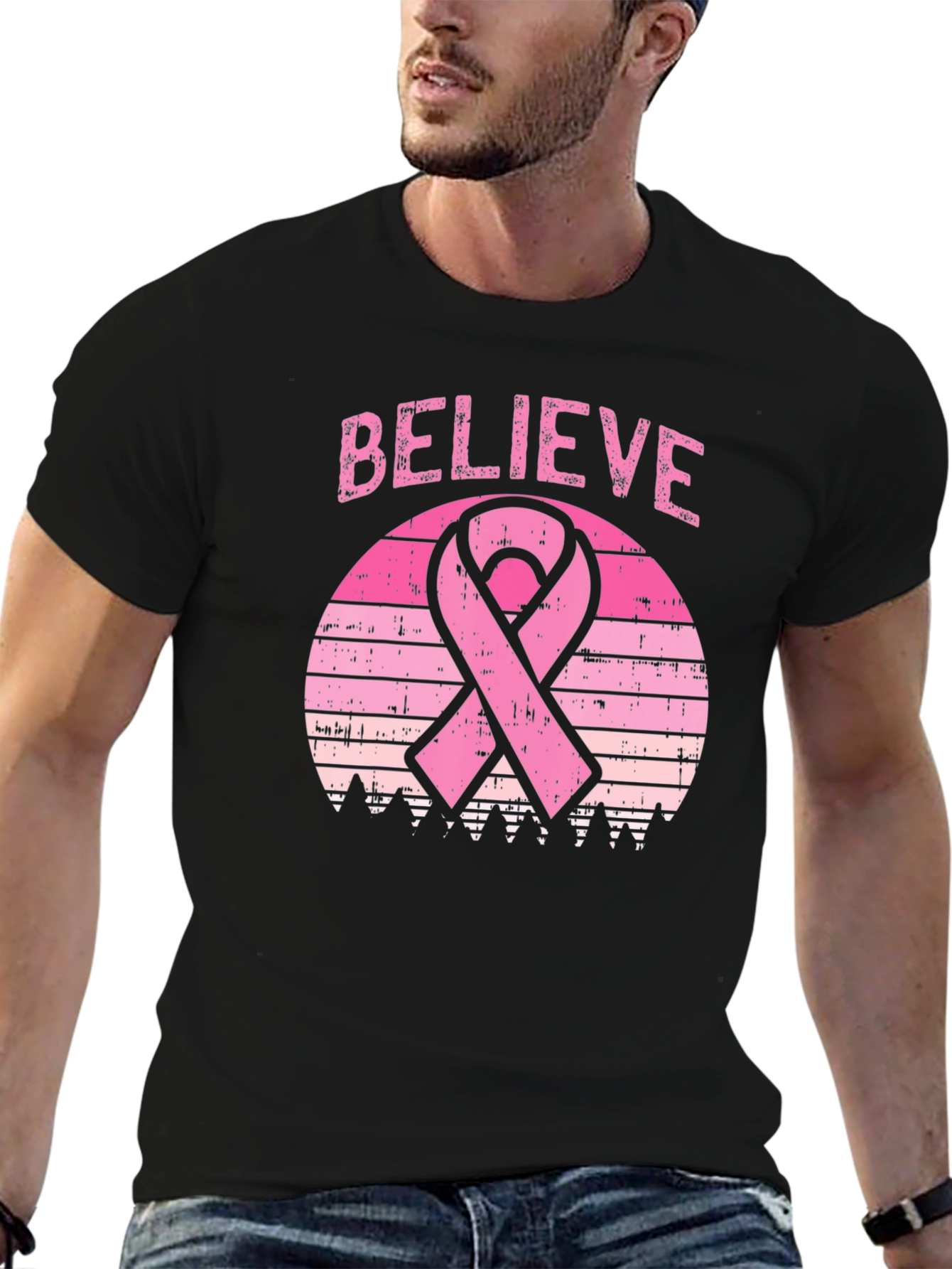Believe Breast Cancer Awareness Ribbon Graphic T-Shirt
