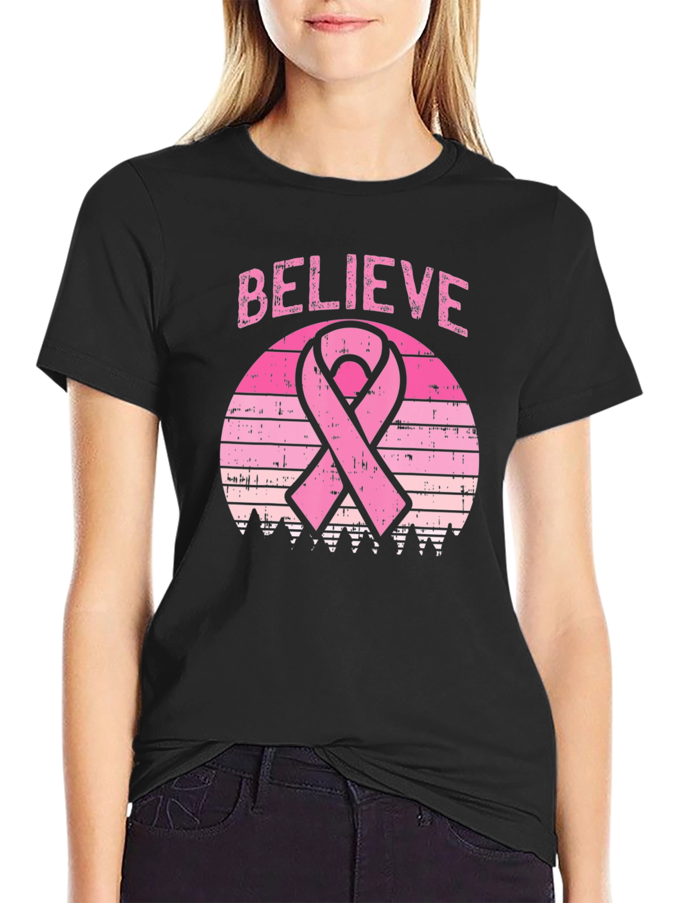 Believe Breast Cancer Awareness Ribbon Graphic T-Shirt