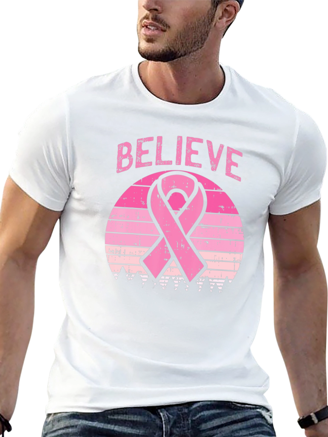 Believe Breast Cancer Awareness Ribbon Graphic T-Shirt