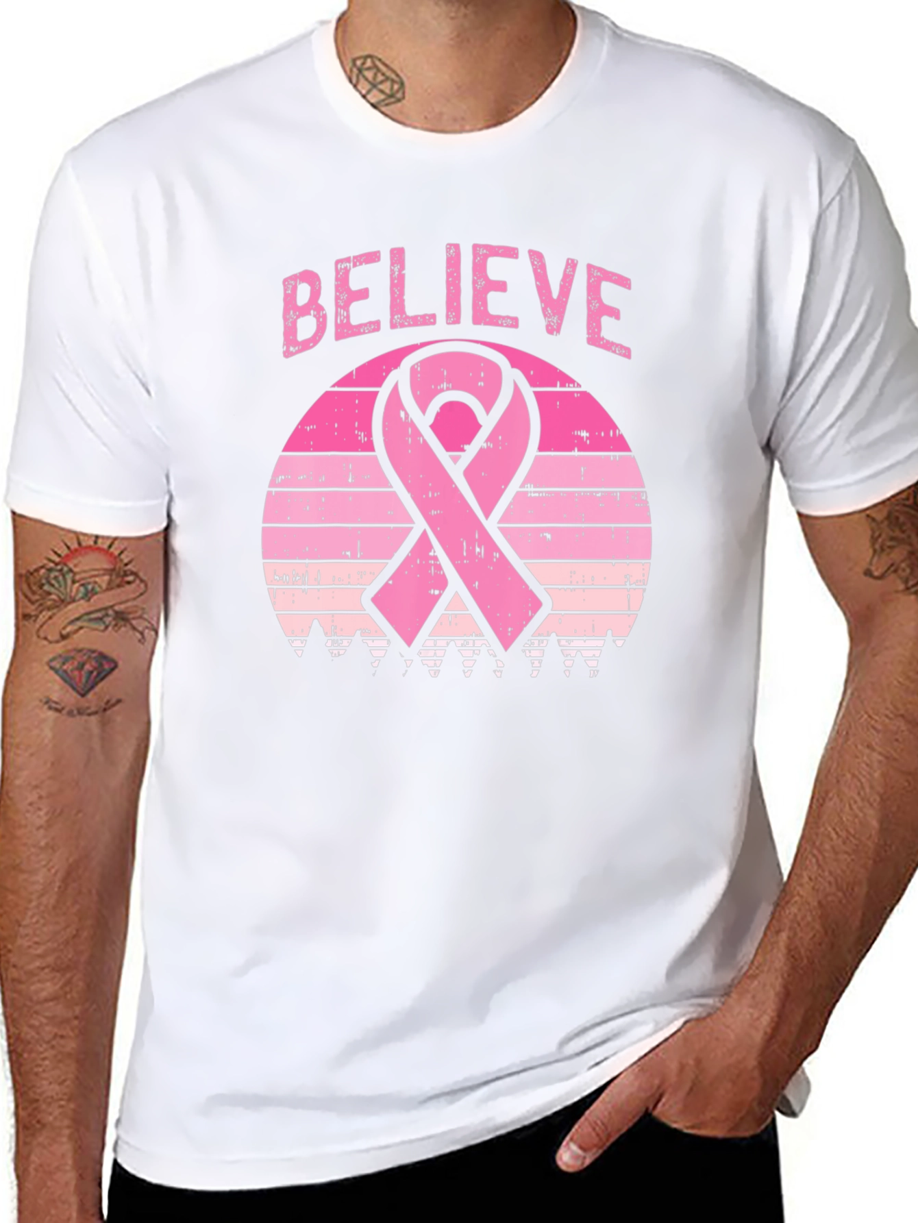 Believe Breast Cancer Awareness Ribbon Graphic T-Shirt