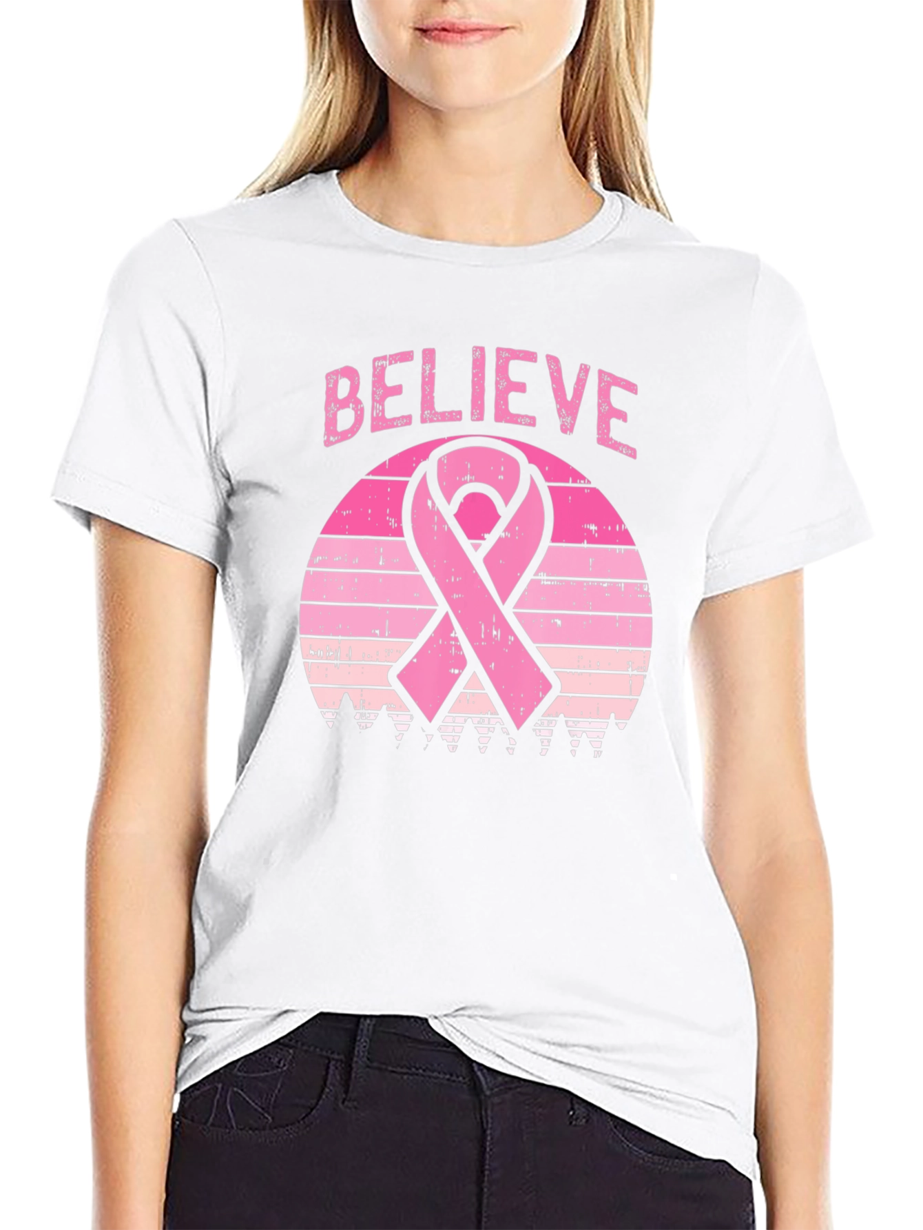 Believe Breast Cancer Awareness Ribbon Graphic T-Shirt