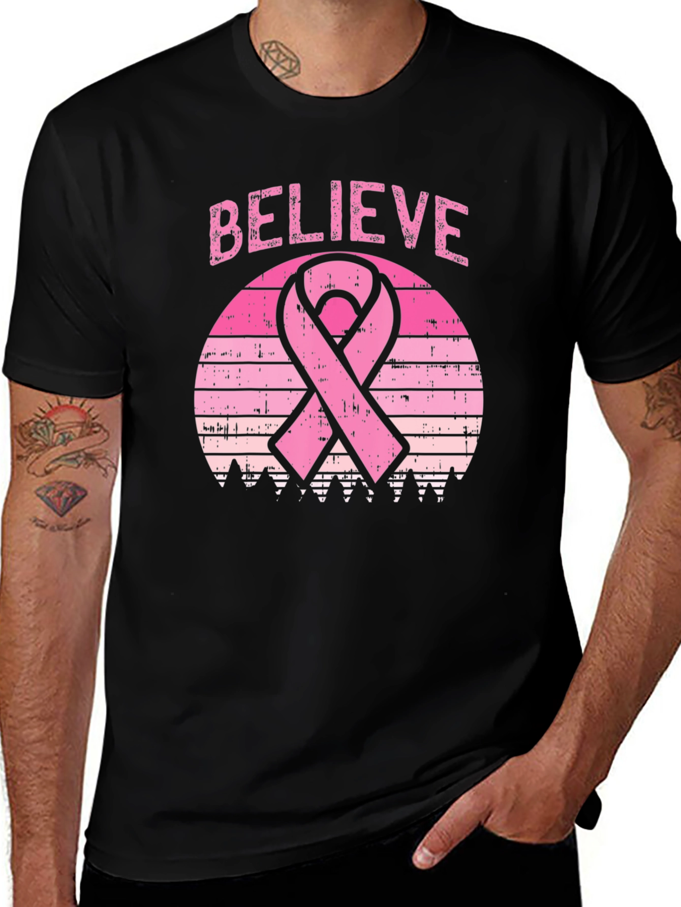 Believe Breast Cancer Awareness Ribbon Graphic T-Shirt