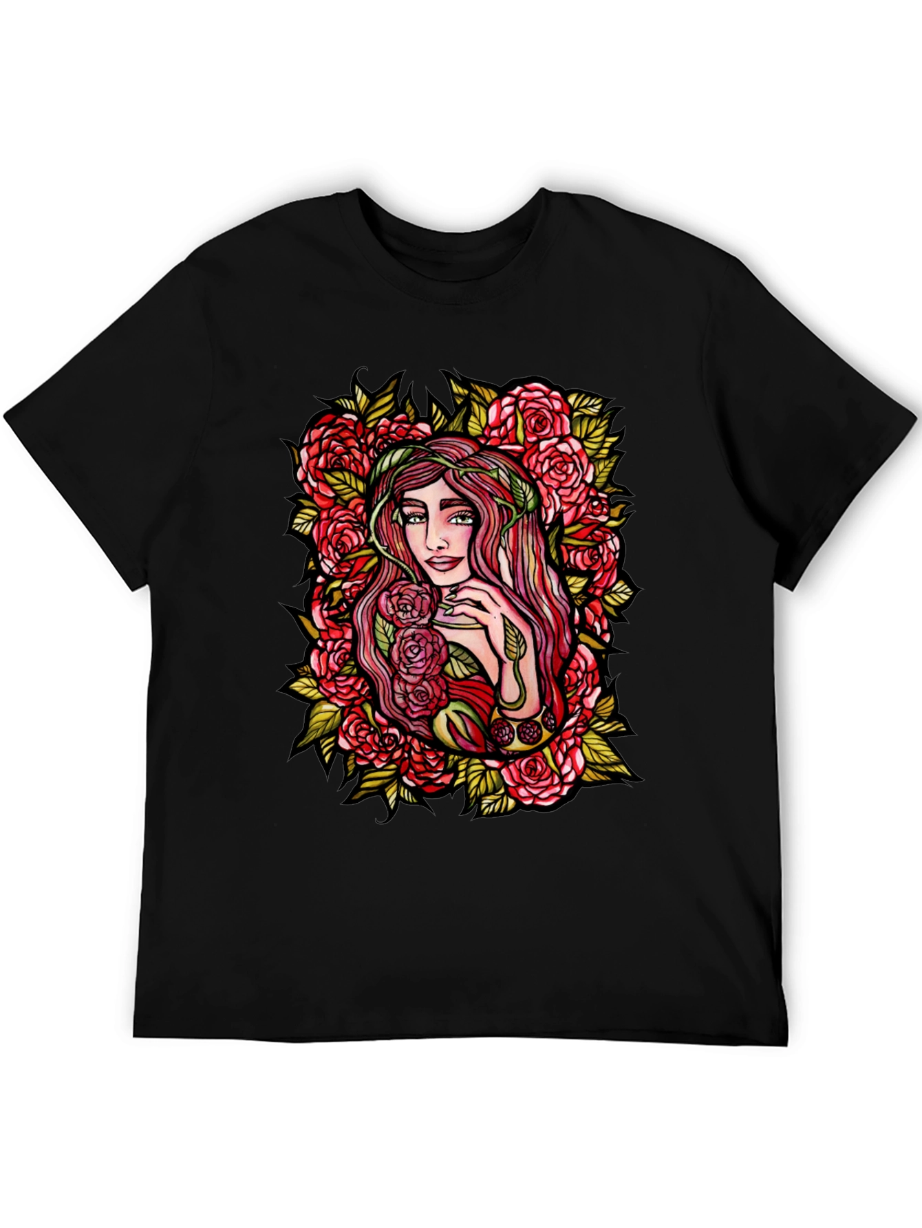 Floral Goddess Graphic Tee - Black Cotton T-Shirt