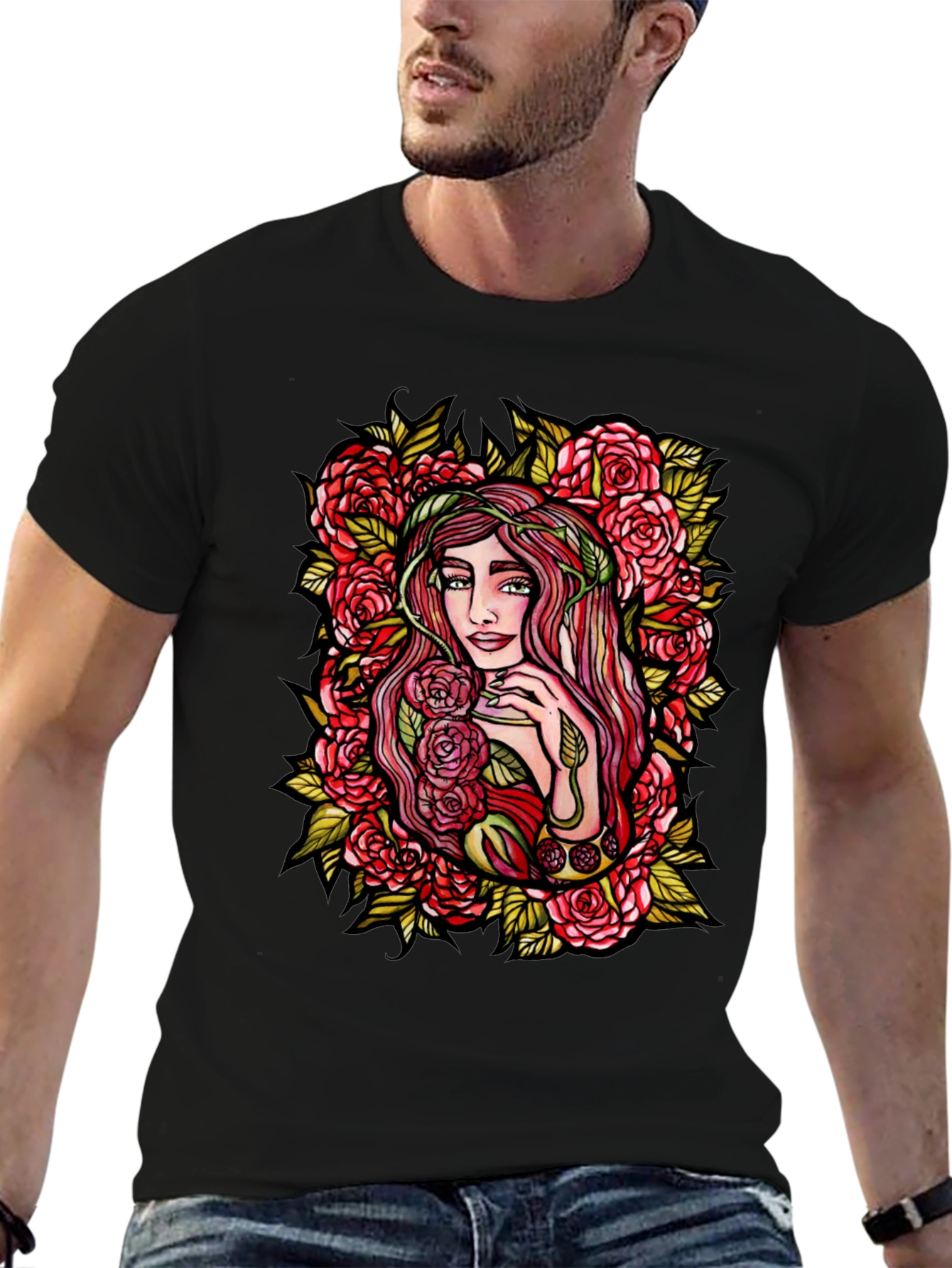 Floral Goddess Graphic Tee - Black Cotton T-Shirt