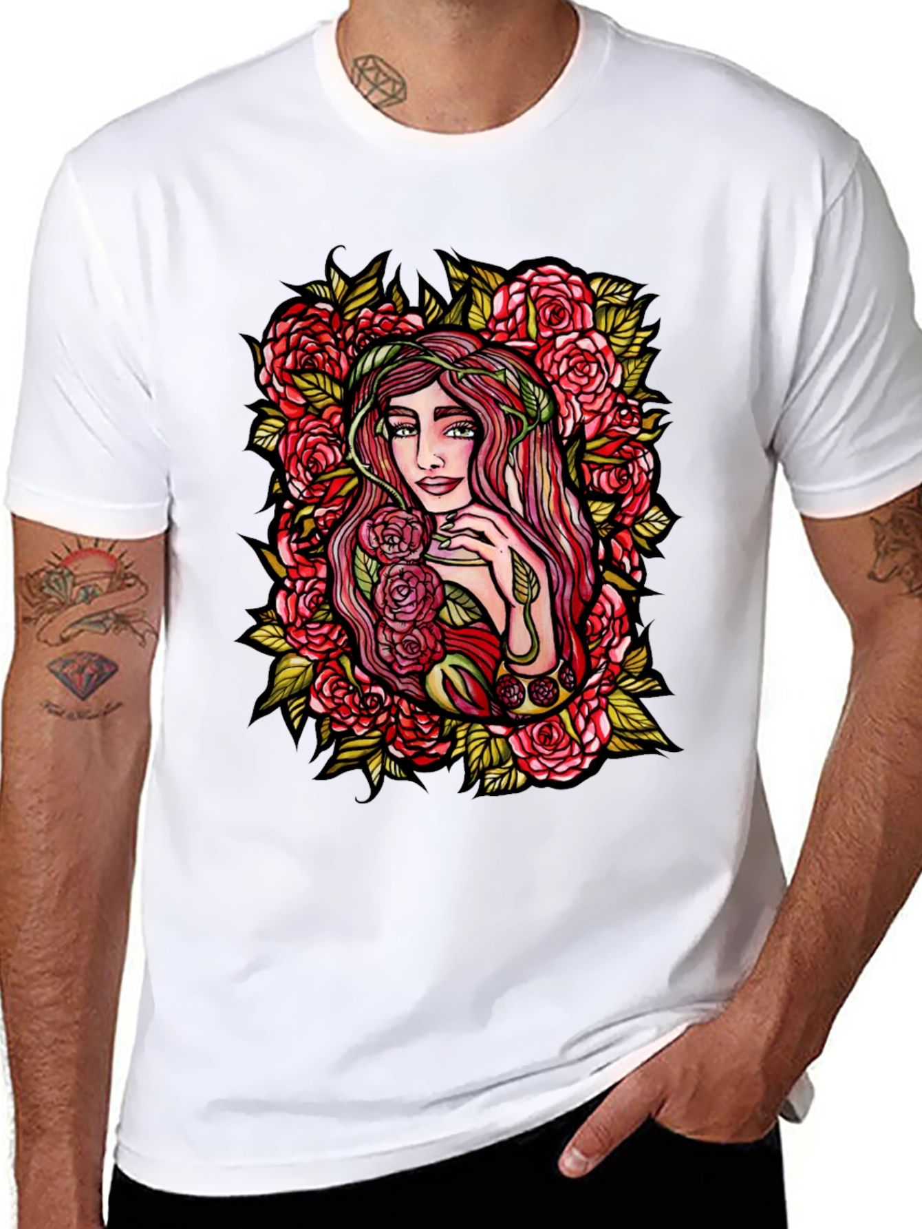 Floral Goddess Graphic Tee - Black Cotton T-Shirt