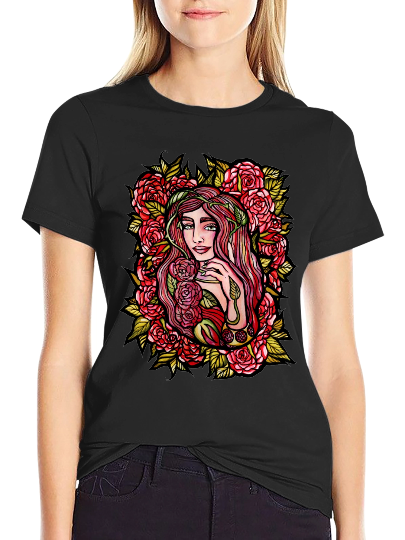 Floral Goddess Graphic Tee - Black Cotton T-Shirt
