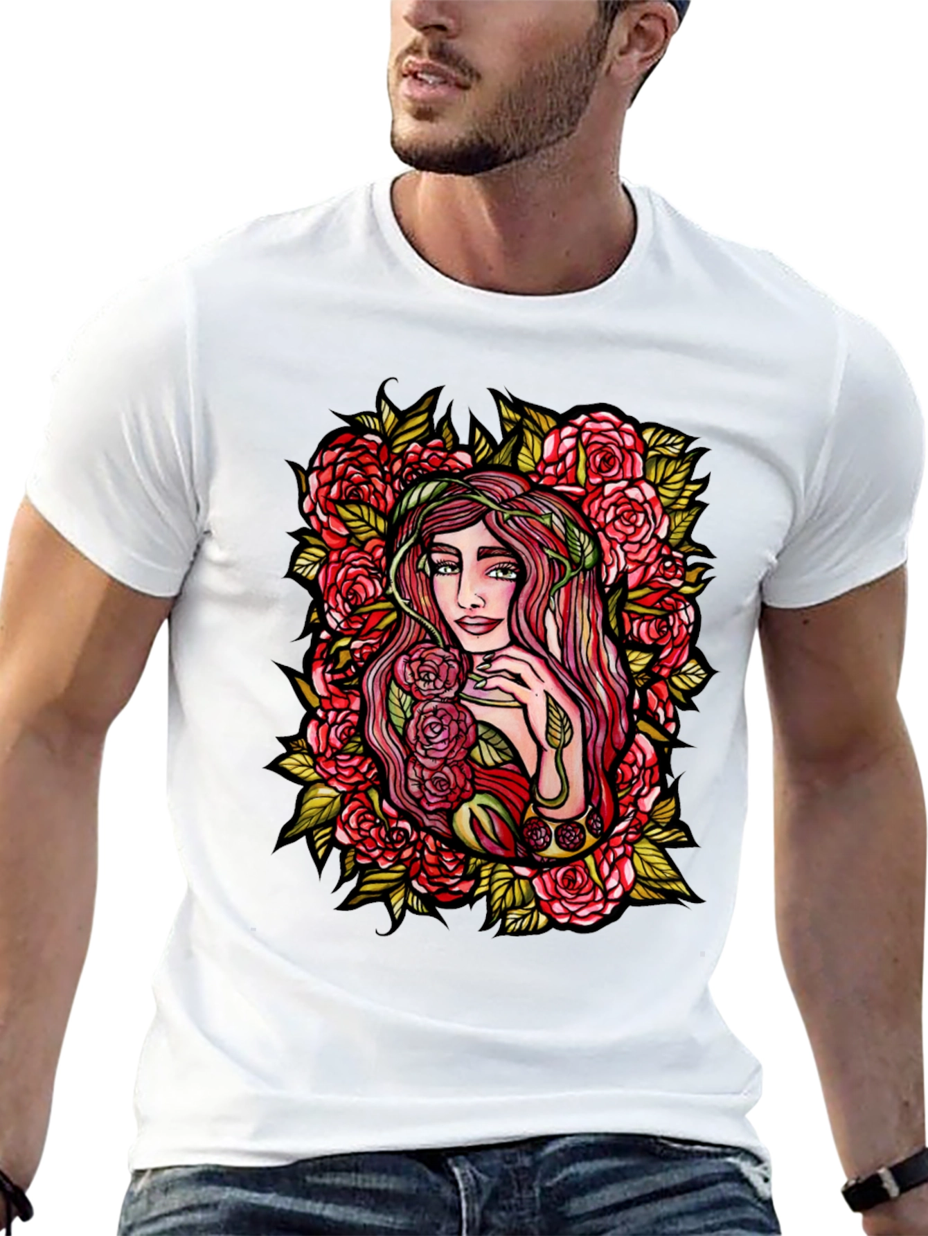 Floral Goddess Graphic Tee - Black Cotton T-Shirt